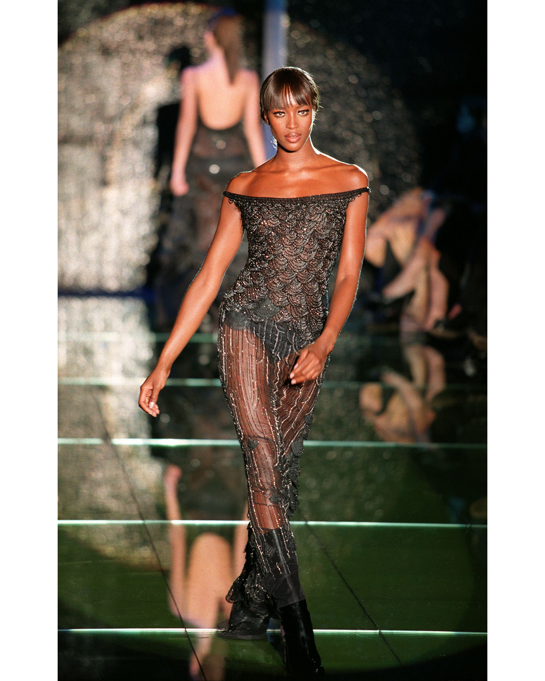 S/S 1999 Black Mesh Scallop Embellished Off-Shoulder Gown