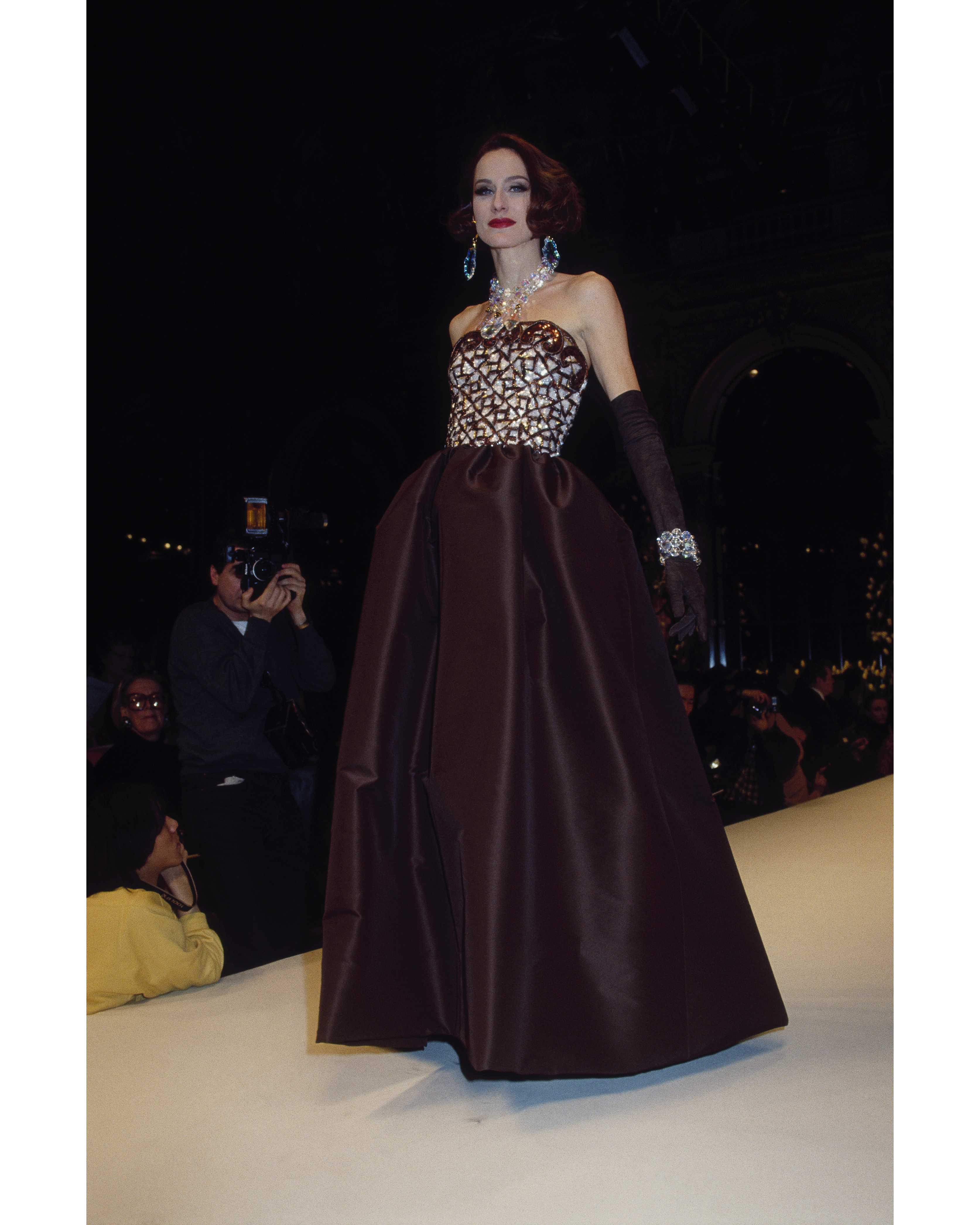 S/S 1992 Haute Couture Deep Brown Strapless Gown with Embroidered Bust