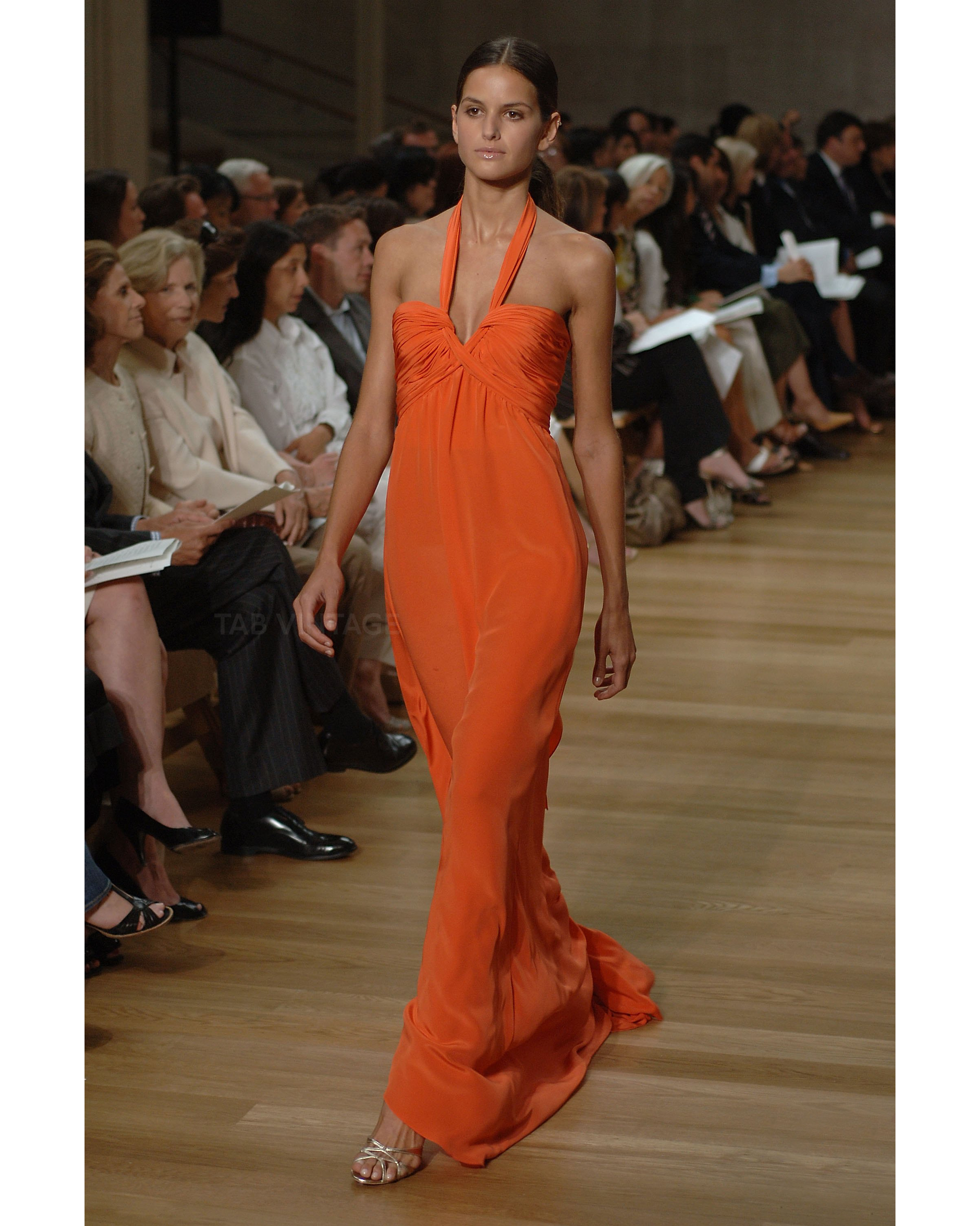 Resort 2007 Orange Halter Gown with Pleated Bust and Dramatic Train