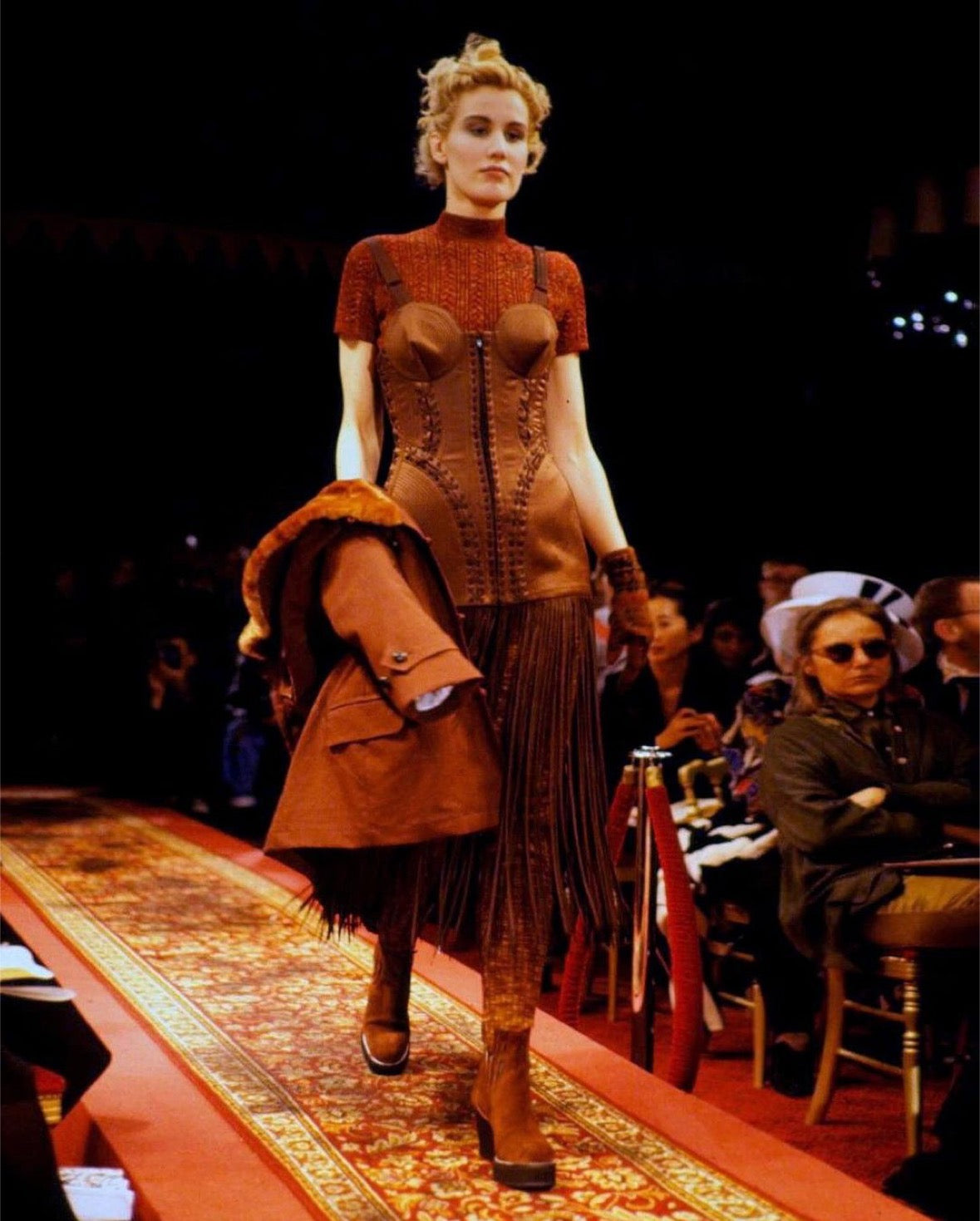 A/W 1990 Brown Cone Bra Corset Dress with Shoestring Fringe