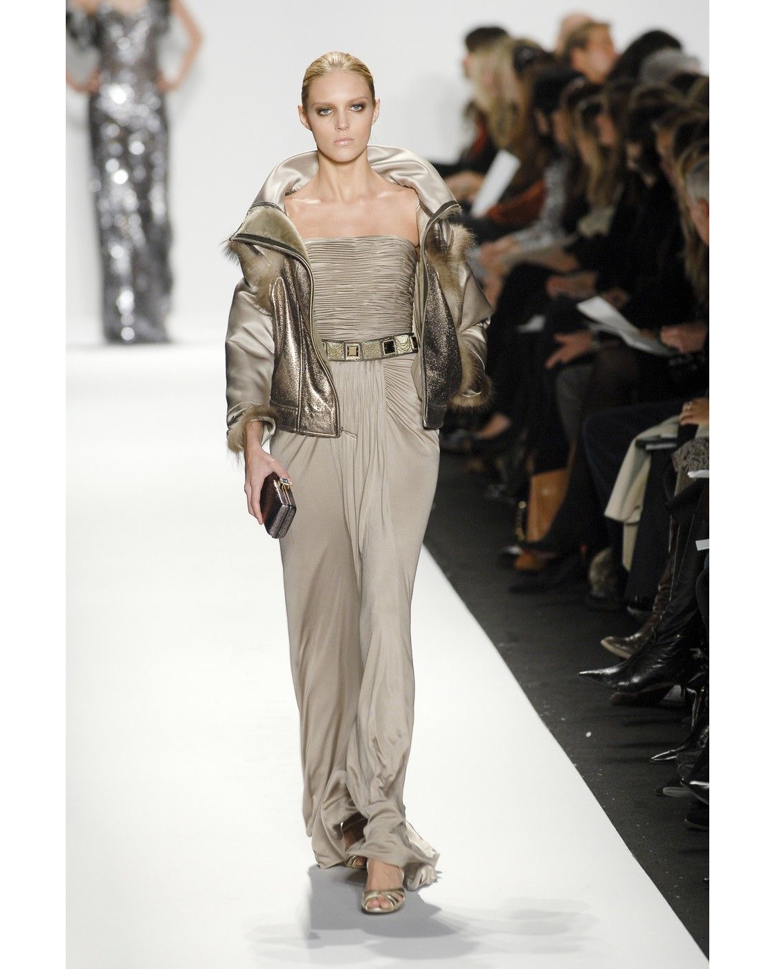 A/W 2007 Pewter Silk Strapless Pleated Drape Gown