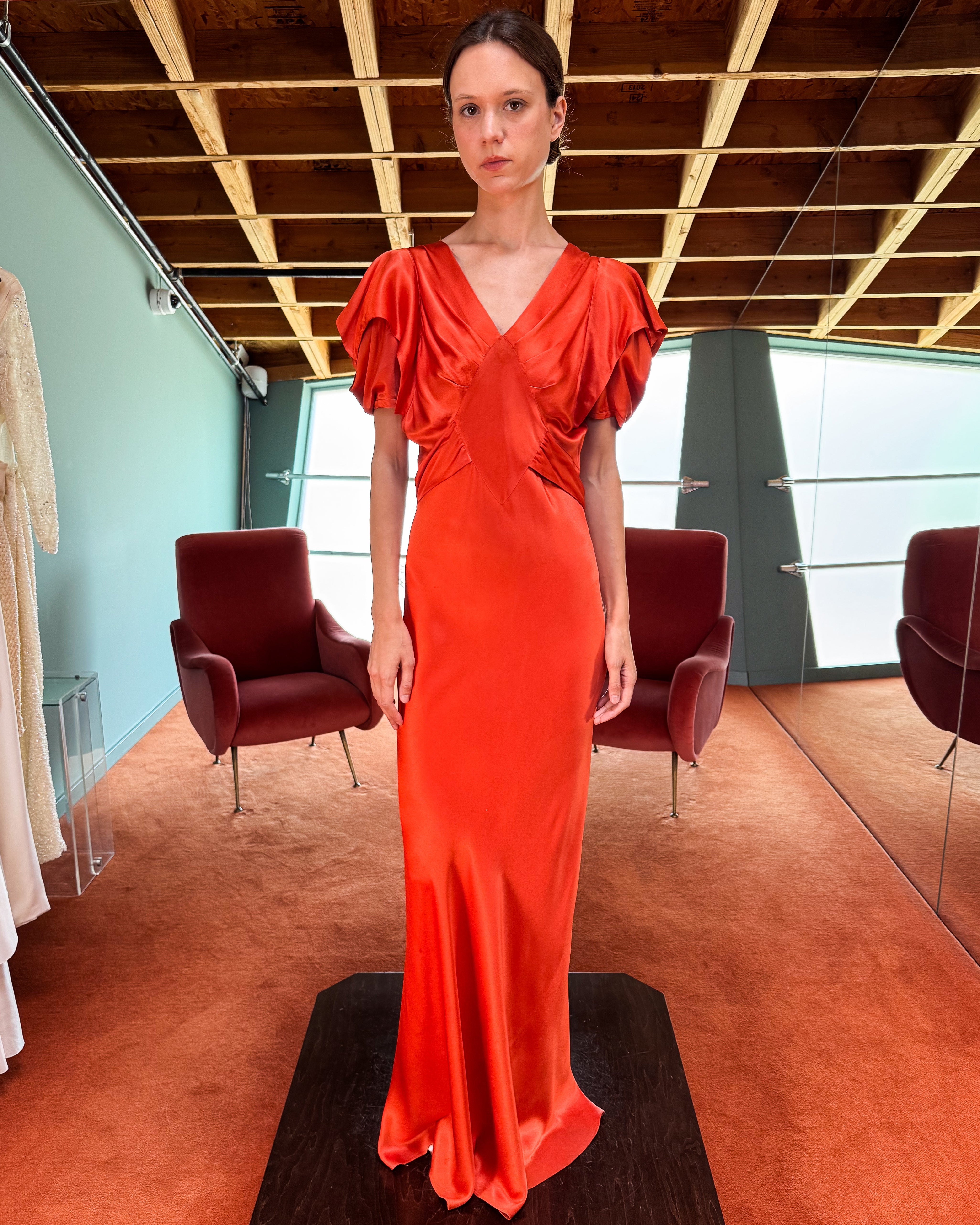 1930's Red-Orange Silk Gown with Open Lattice Back