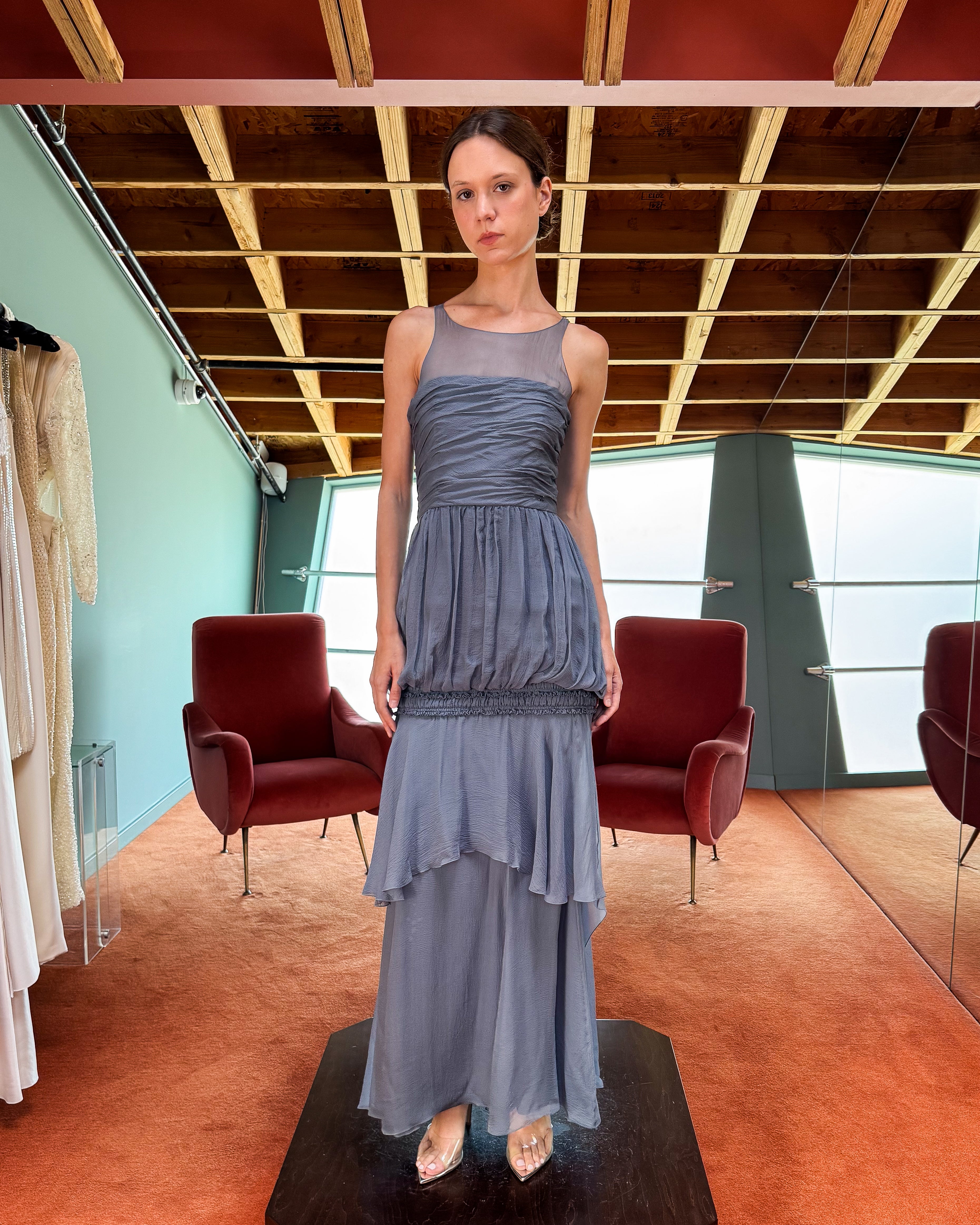 A/W 2006 Slate Blue Sleeveless Mesh Panel Tiered Silk Chiffon Gown
