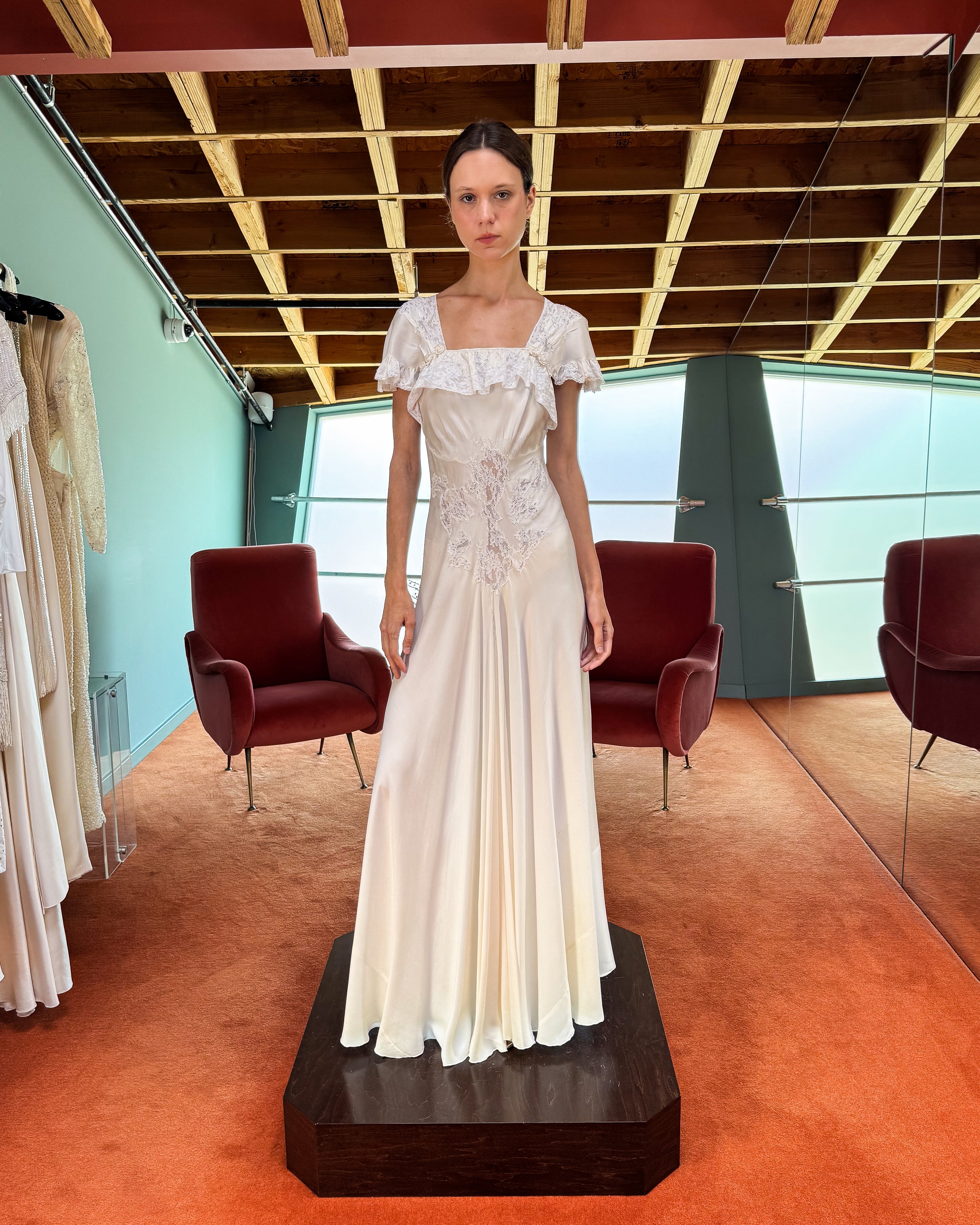 1930's White Handmade Lace and Silk Gown with Small Rosette Details