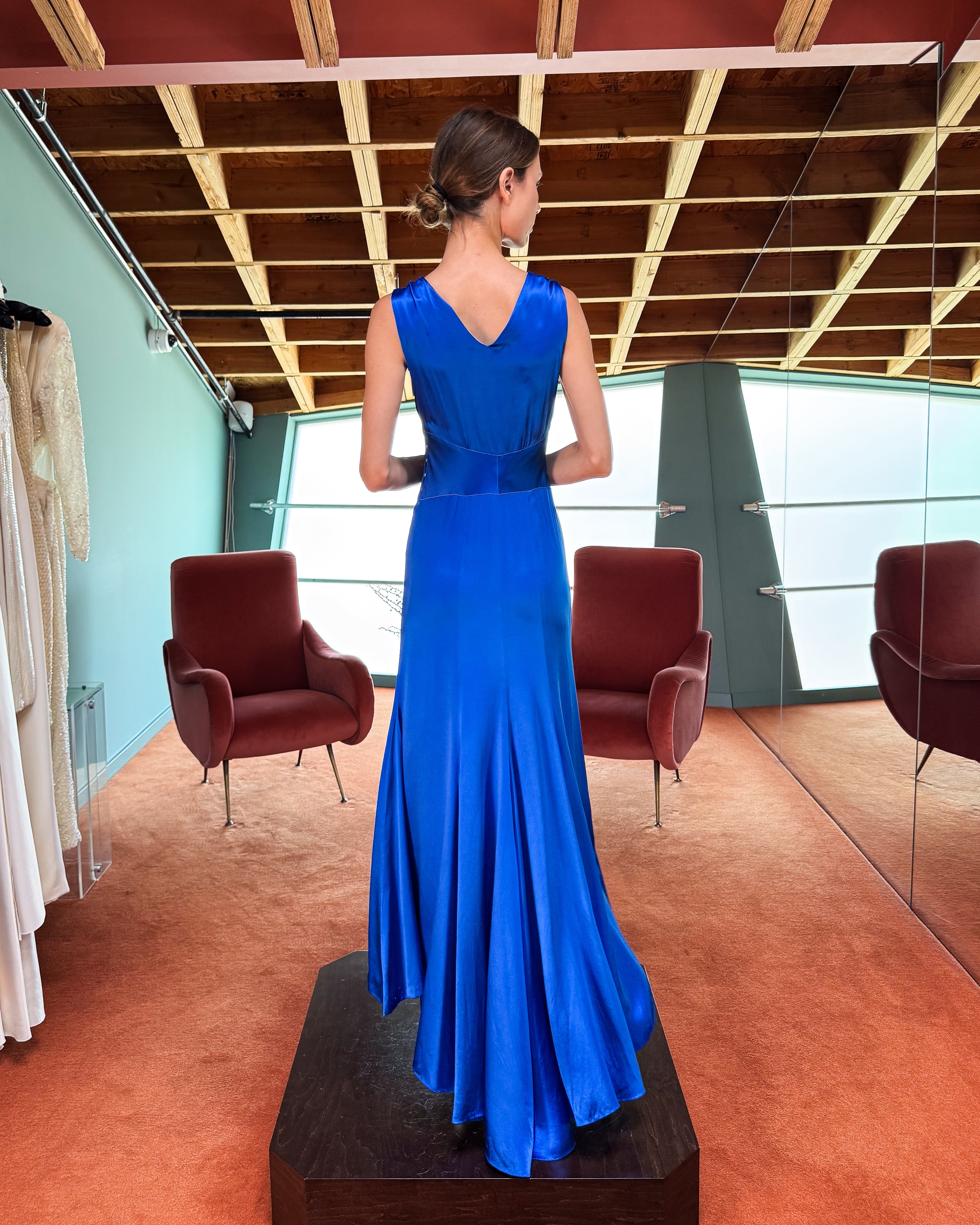 1930's Hand-Dyed Handmade Blue Liquid Silk Trained Gown with Gathered Bust