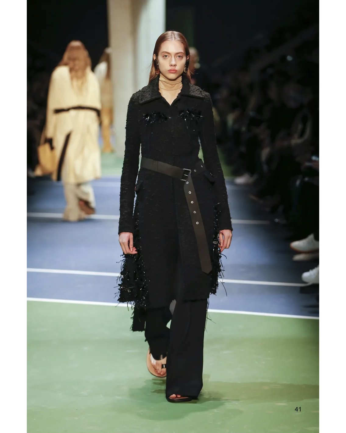 Pre-Fall 2014 Black Shearling Coat with Silk Lapels and Gray Contrast Pockets