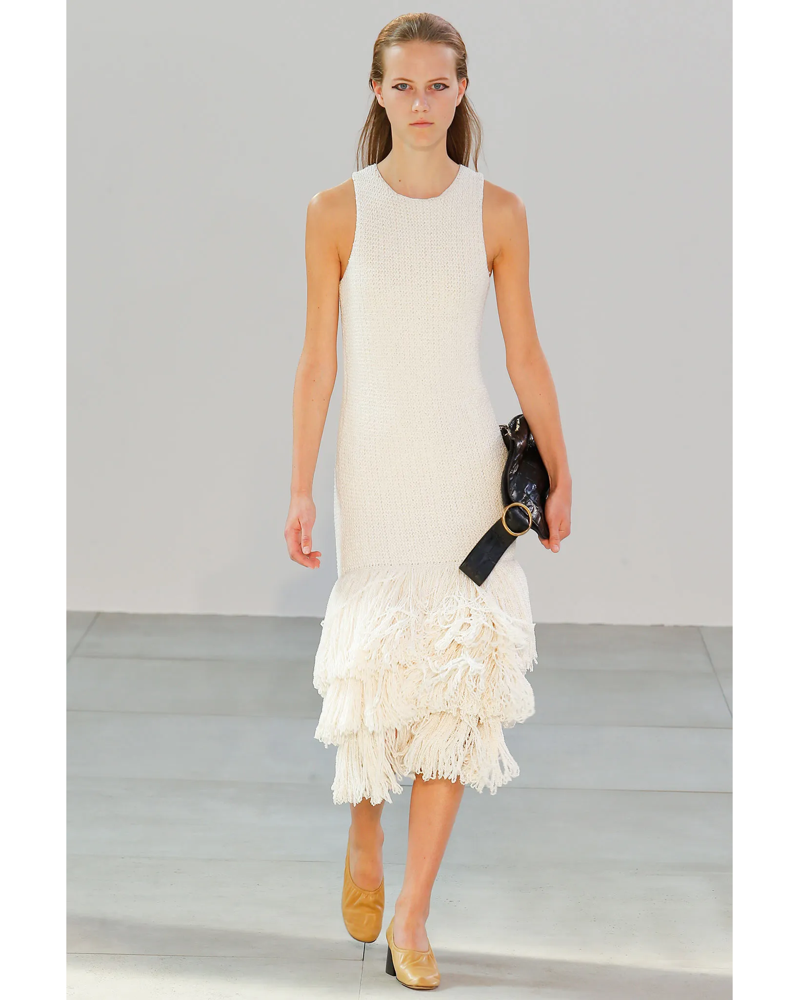 S/S 2015 White Textured Silk Midi Dress with Fringe