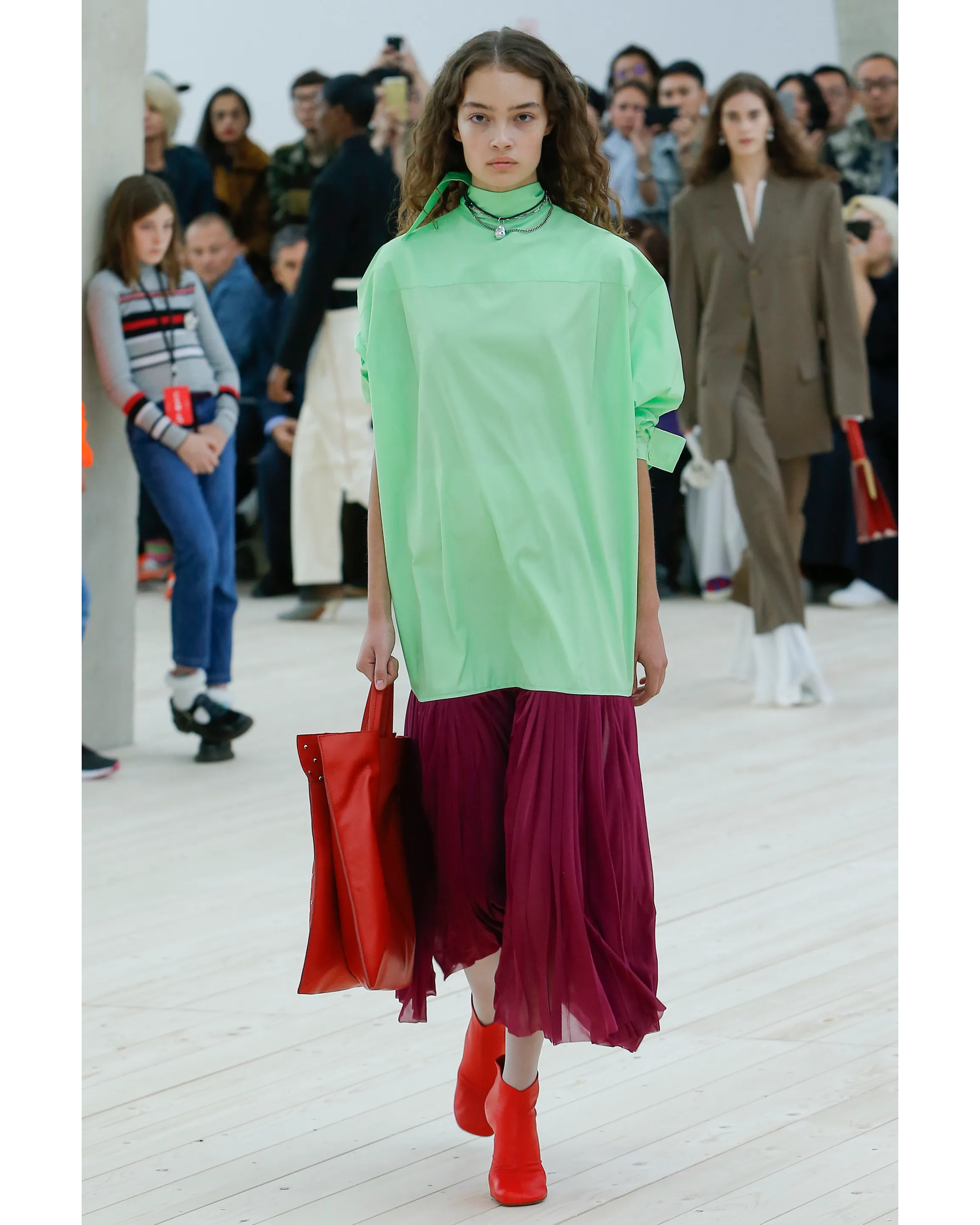 S/S 2017 Lime Green and Maroon Pleated Dress