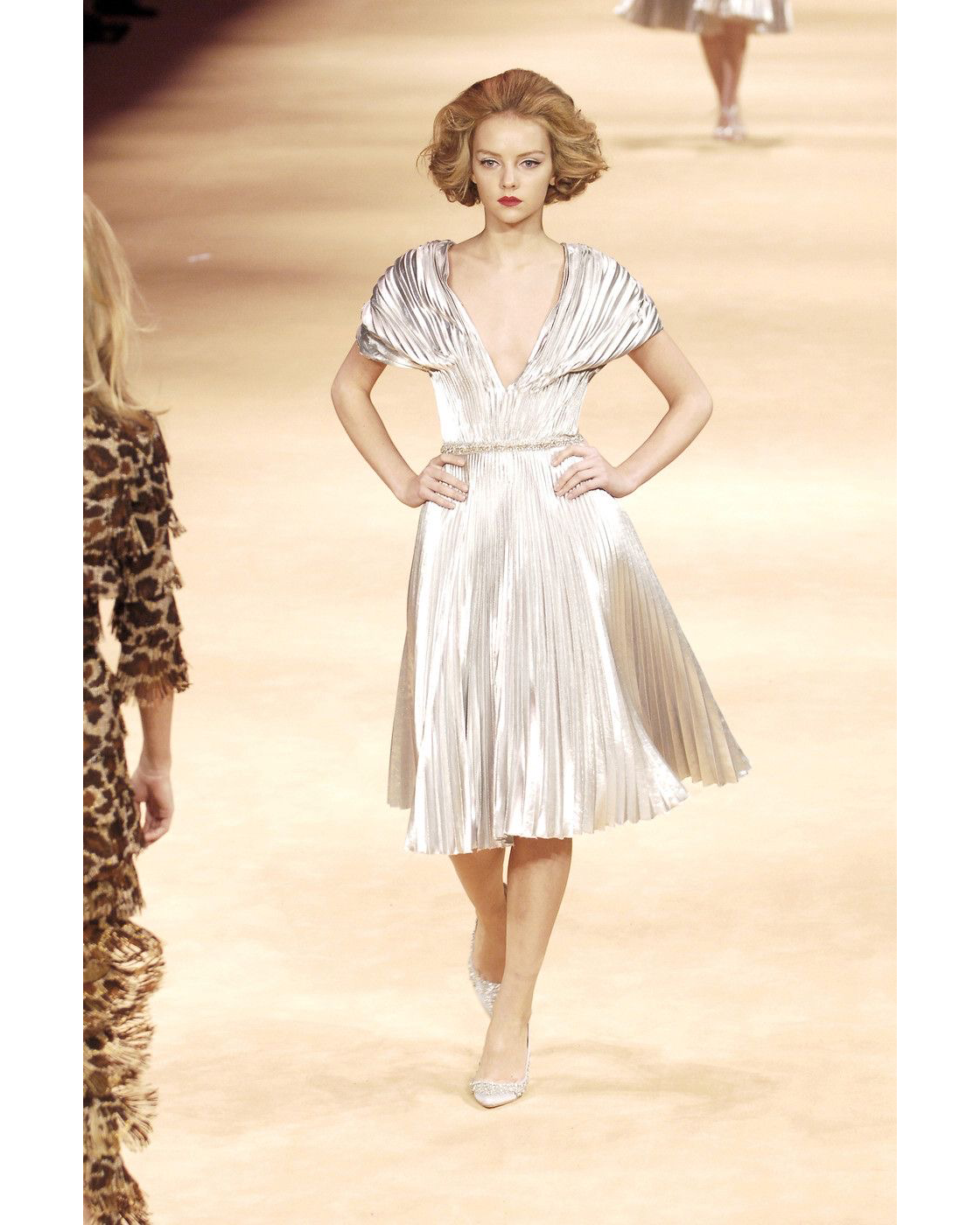 A W 2005 Silver Lame Pleated Cocktail Dress