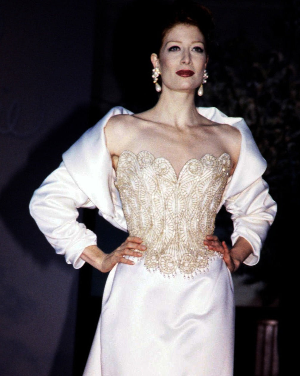 c. 1990 Ivory and Gold Beaded Embellished Strapless Bustier Gown