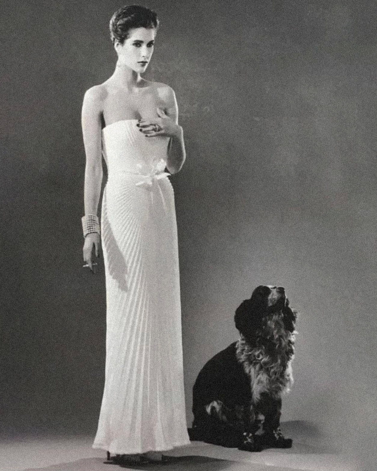 c. 1984 Ivory Pleated Strapless Gown with Bow Back Detail