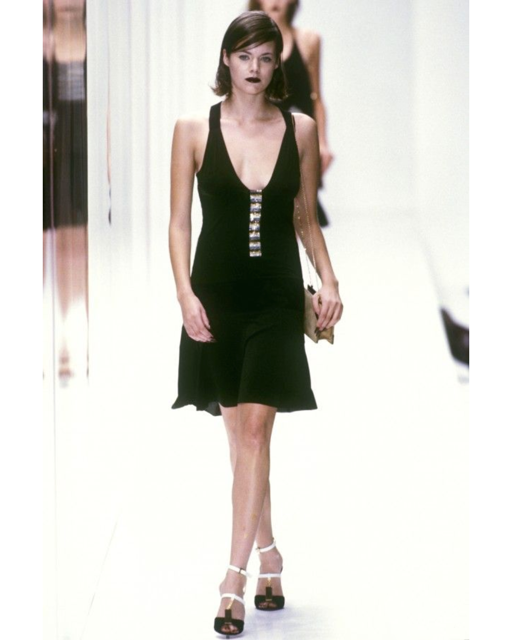 S/S 2001 Dark Olive Green and Black Rhinestone Embellished Dress