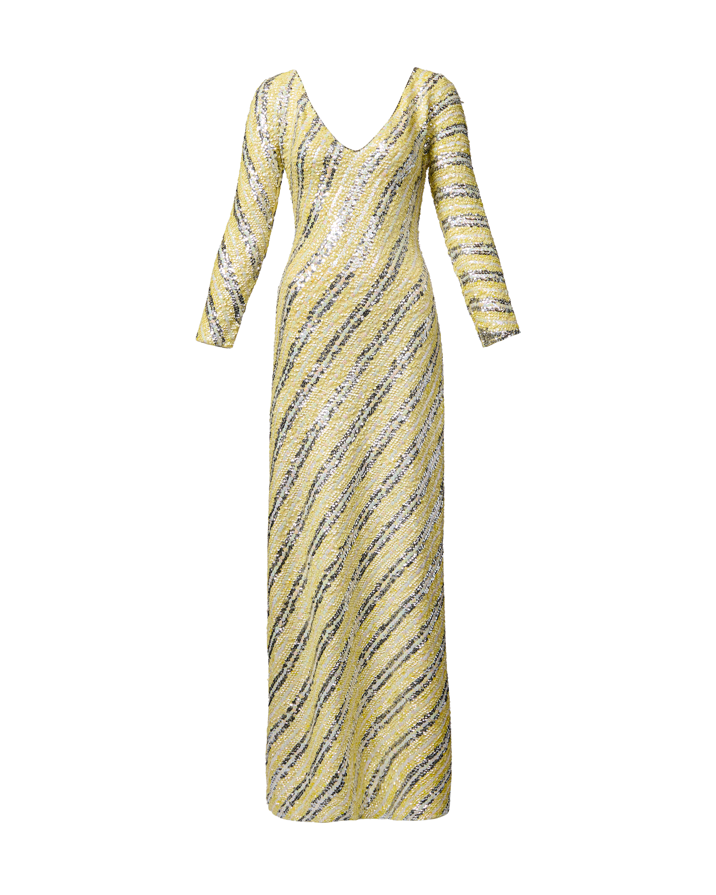 1960's Long Sleeve Striped Sequin and Beaded Knit Gown
