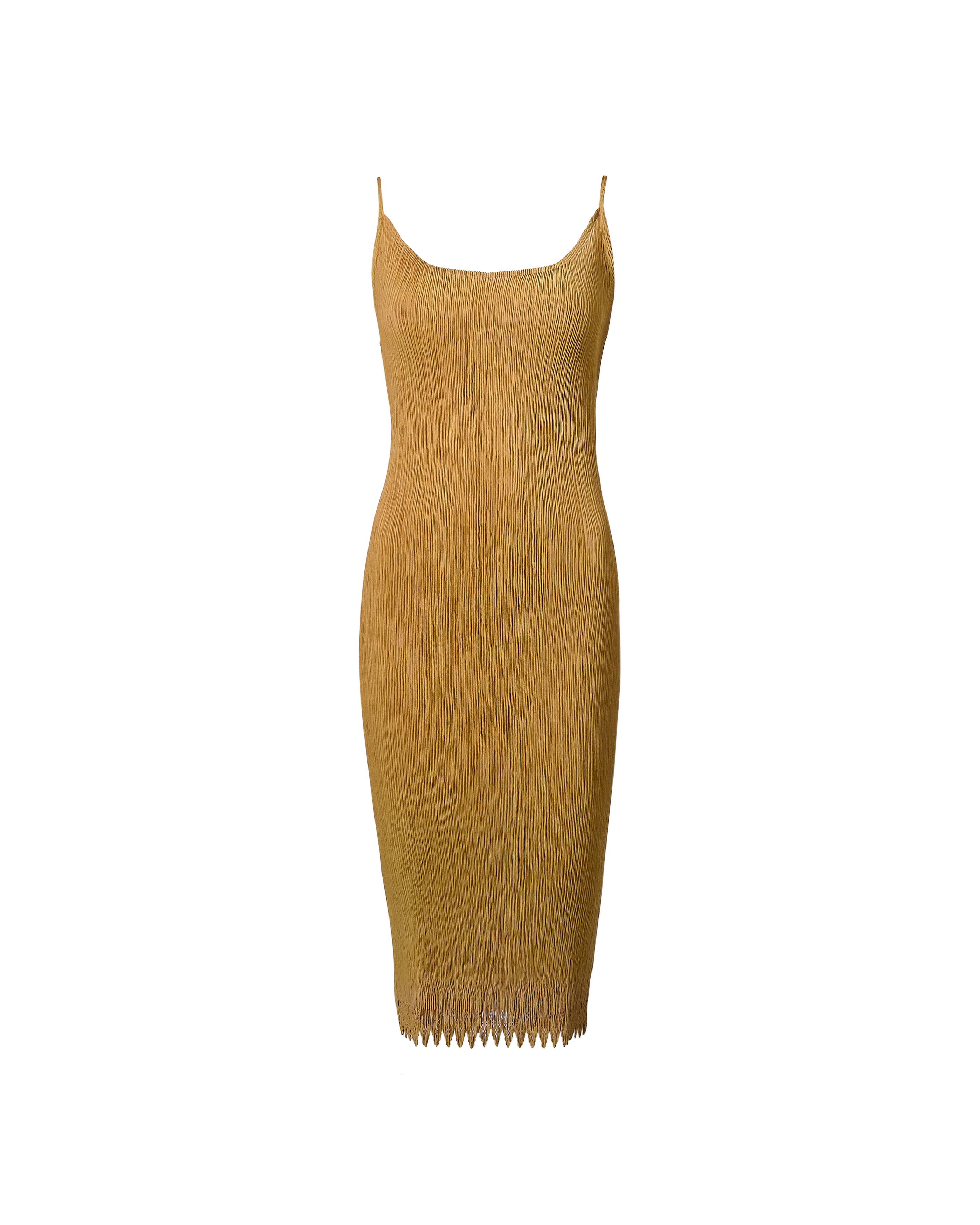 S/S 1998 Light Brown Sleeveless Midi Dress with Perforated Hemline