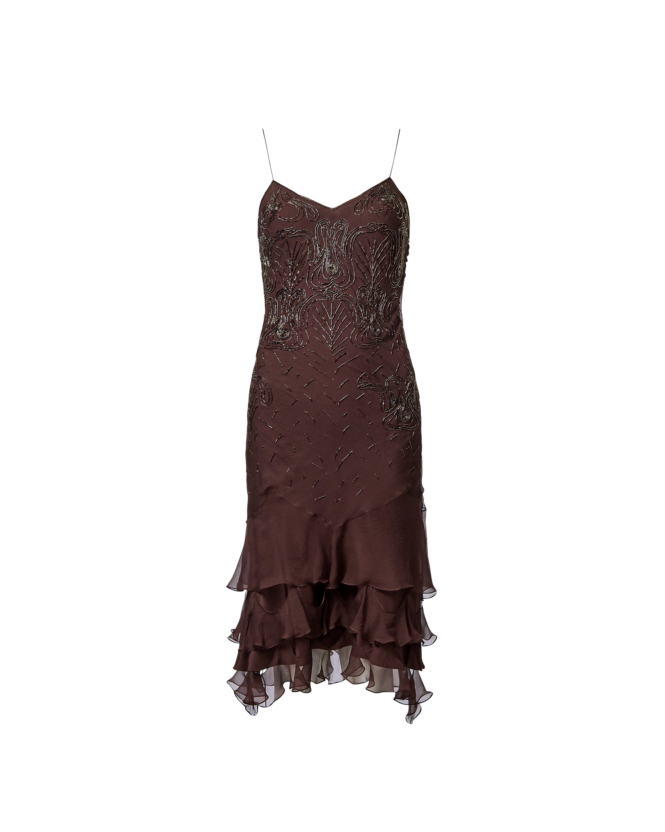 A/W 2005 Sleeveless Brown Silk Dress with Beaded Embellishments