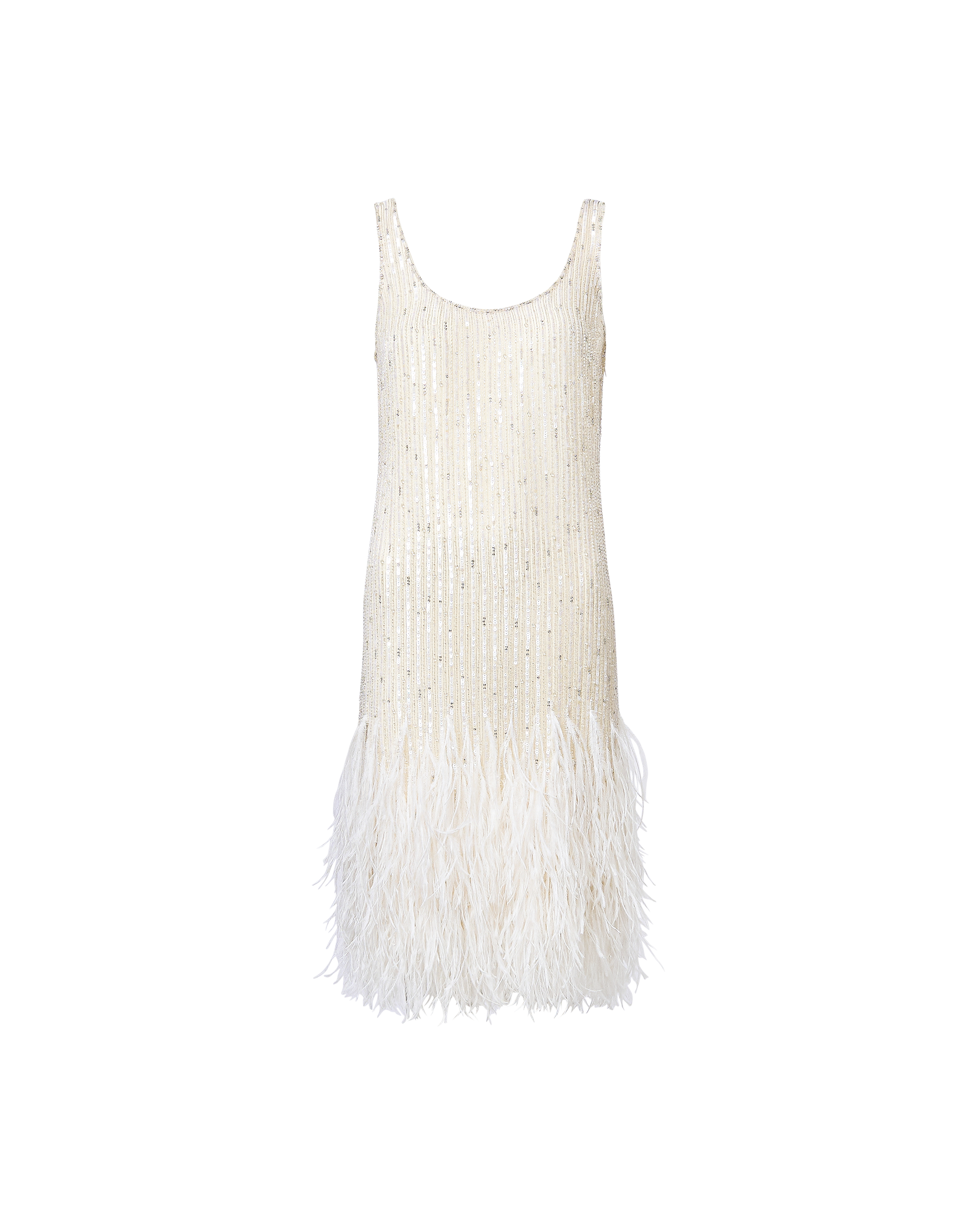 S/S 2012 Ivory Scoop Neck Bead Embellished and Feather Trim Dress