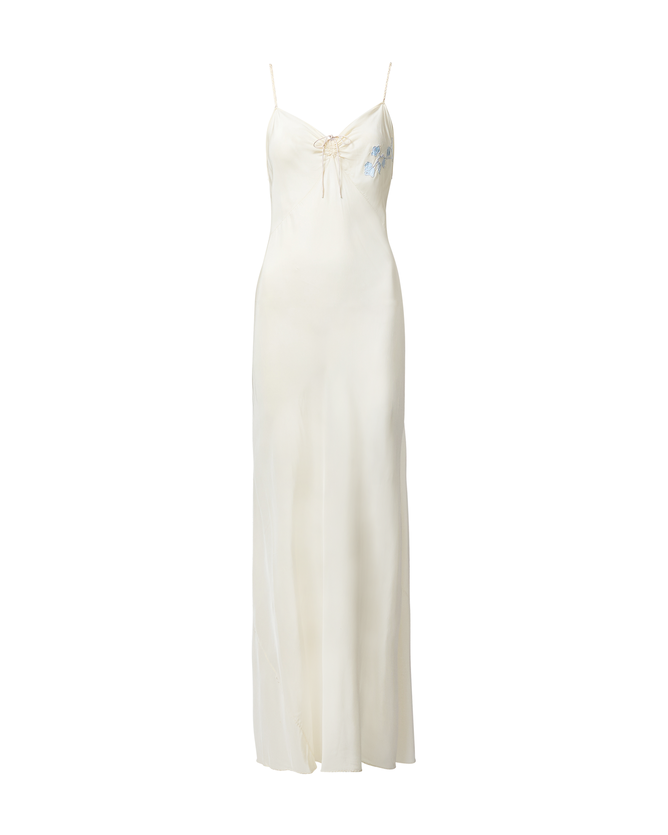 1940's Handmade Slip Dress with Blue Rose Embroidery at Bust