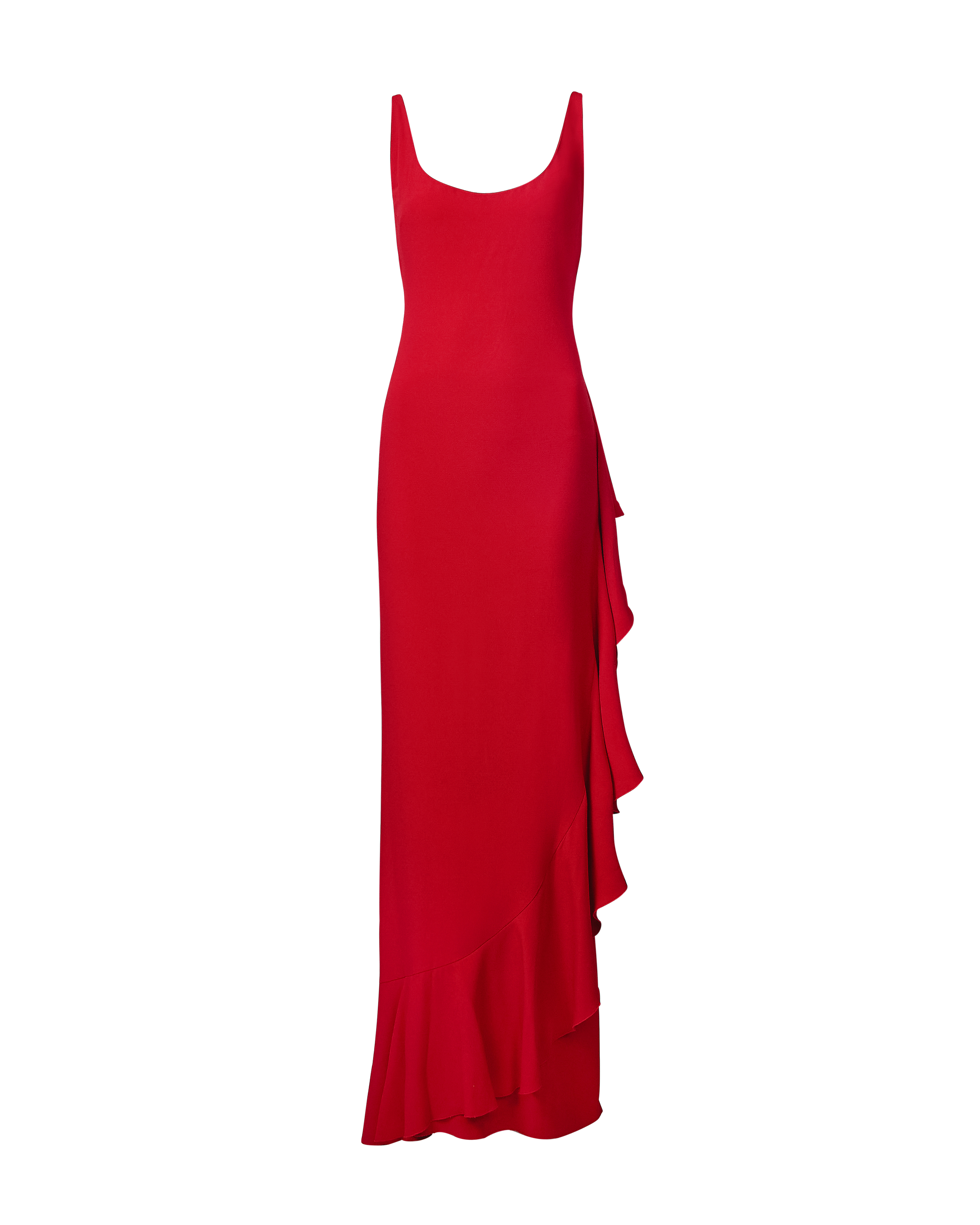 A/W 2000 Red Scoop Neck Asymmetrical Ruffle Gown