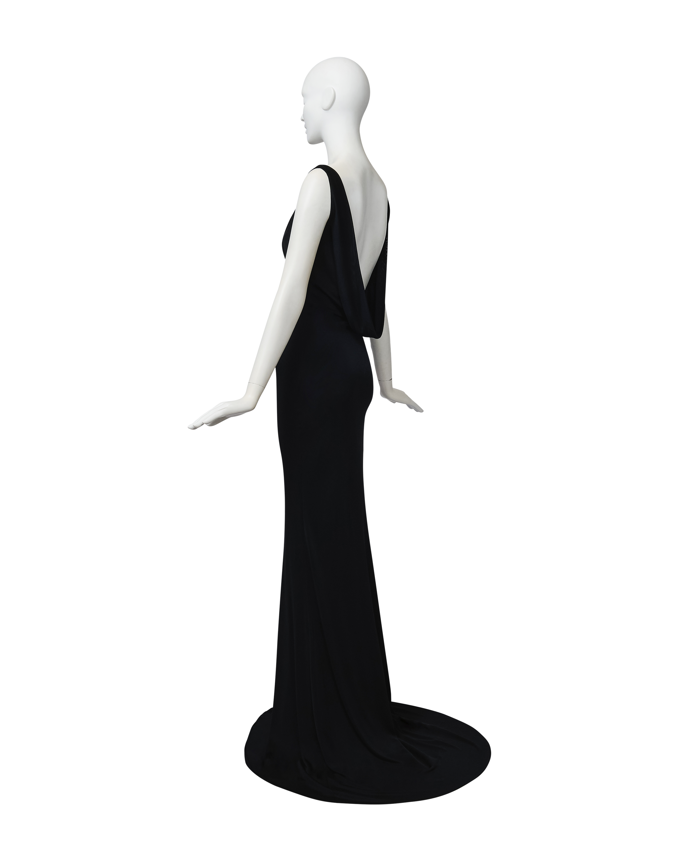 2007 Black Cowl Neck Jersey Gown with Open Back