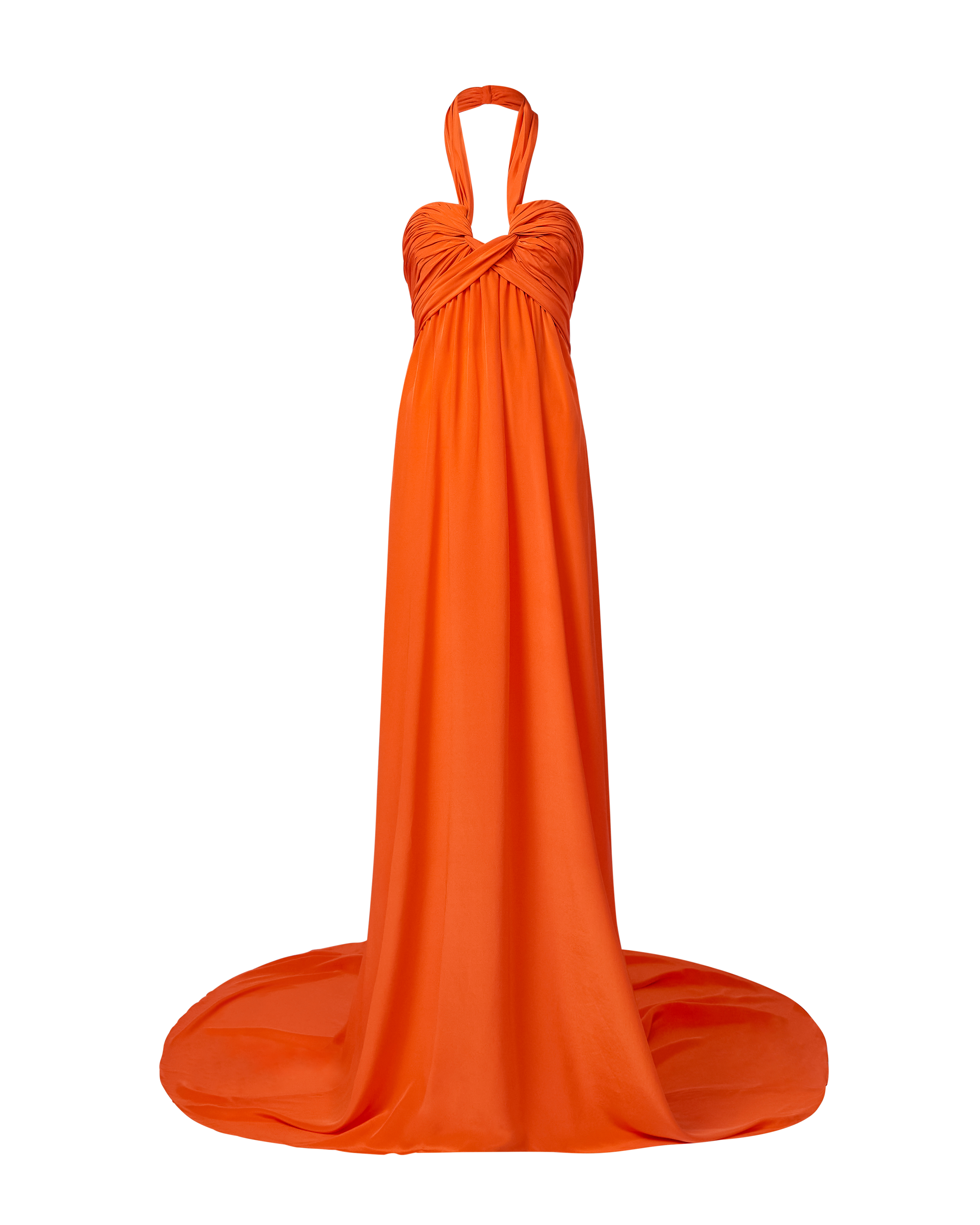 Resort 2007 Orange Halter Gown with Pleated Bust and Dramatic Train