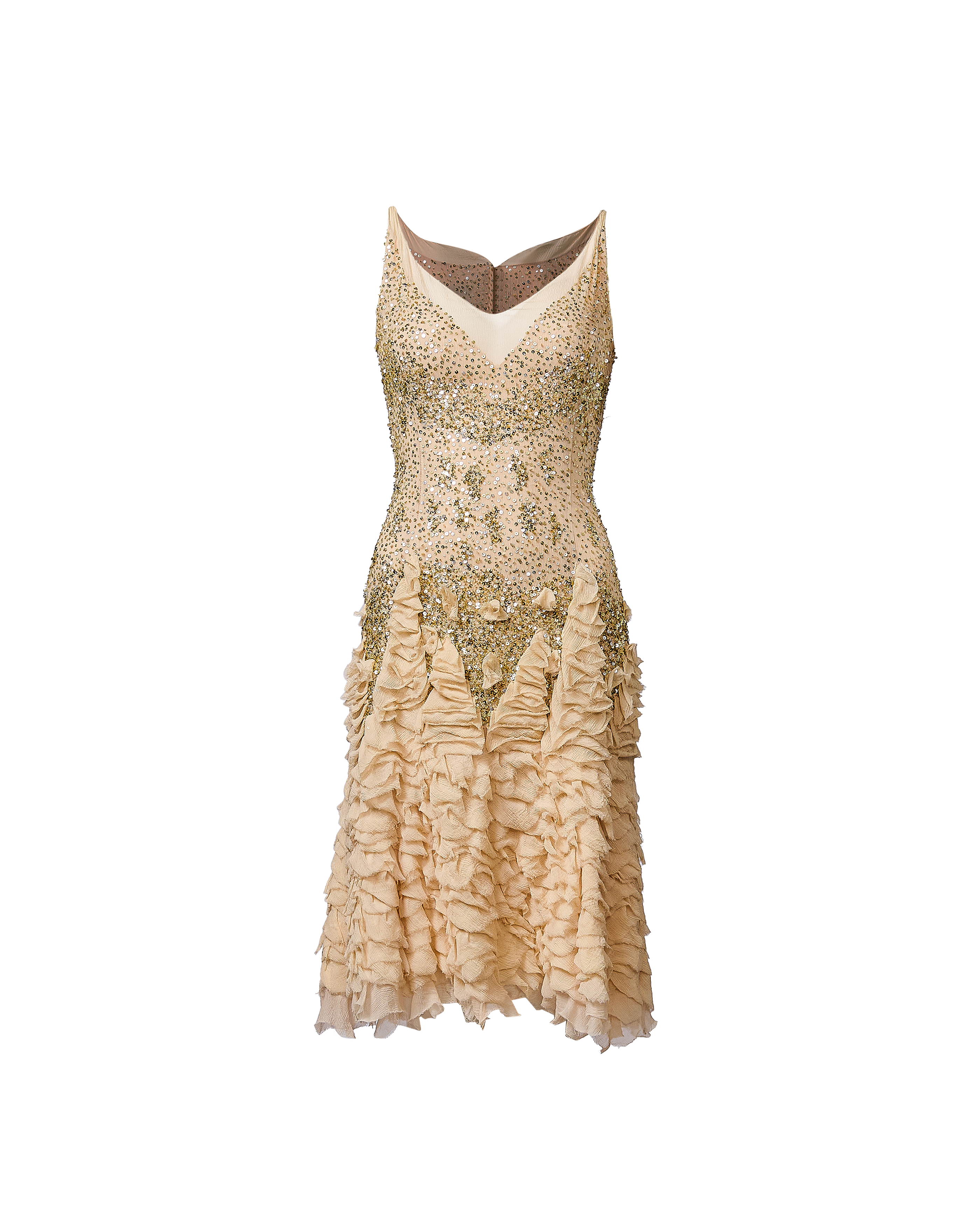 A/W 2004 Embellished Cream Knee Ruffle Dress