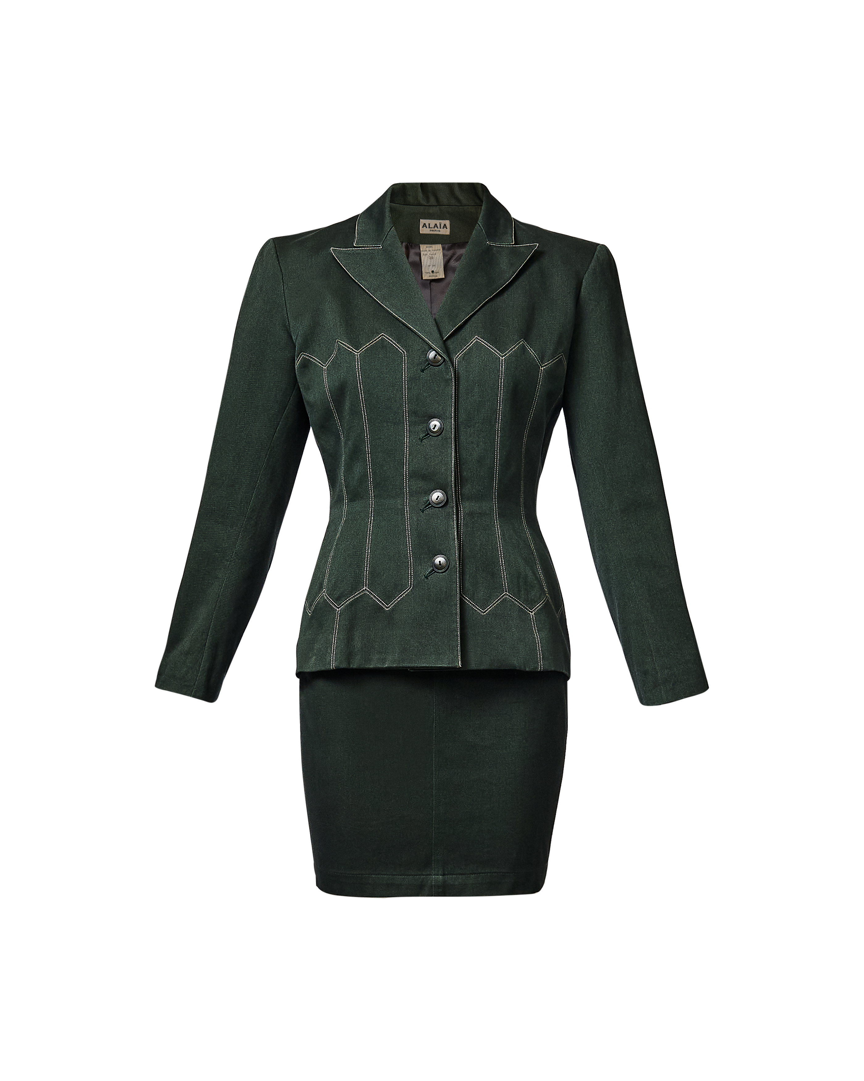 S/S 1990 Deep Green Cotton Skirt Suit Set with Contrast Stitching