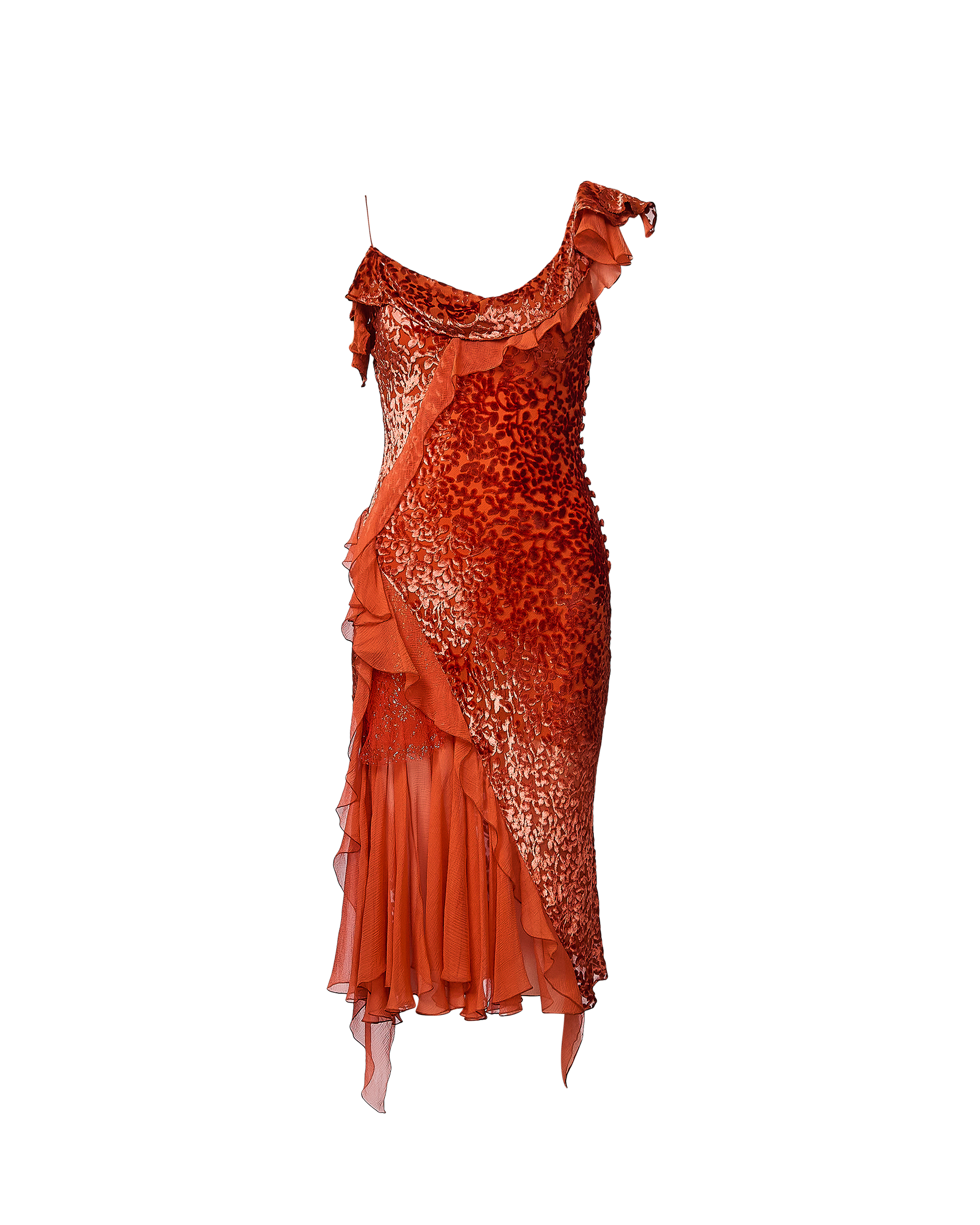 A/W 2004 Burnt Orange Velvet Burnout Knee Length Slip Dress