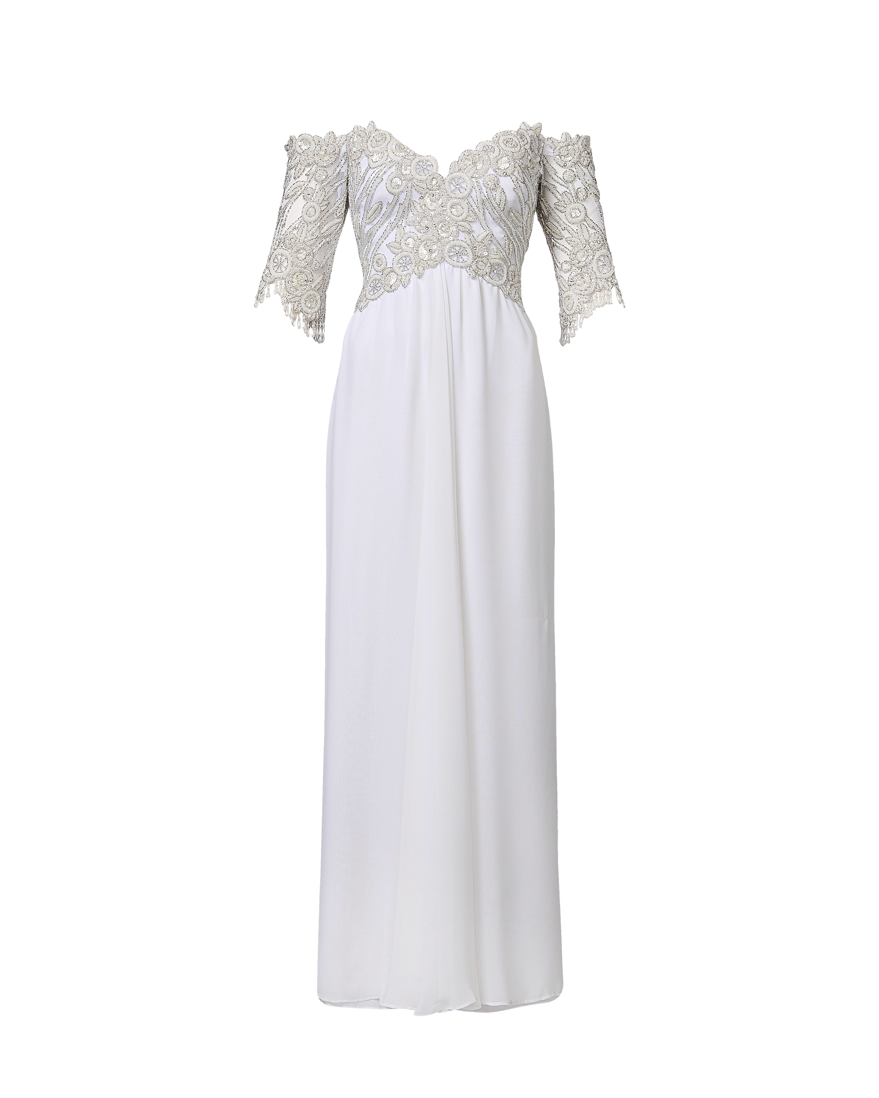 S/S 1997 White Gown with Faux Pearl, Sequin and Beaded Embellished Bust