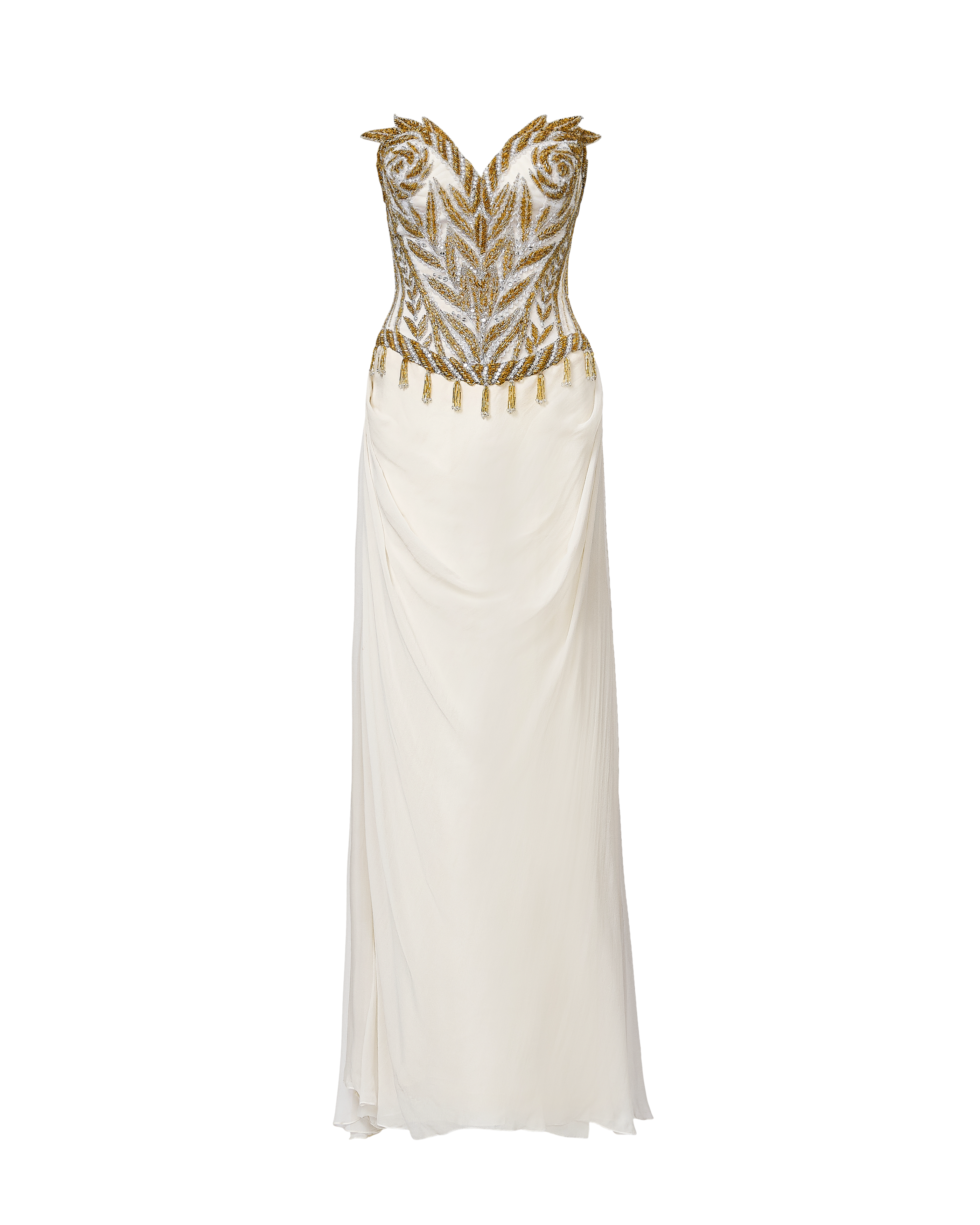c. 1990 Ivory and Gold Beaded Embellished Strapless Bustier Gown