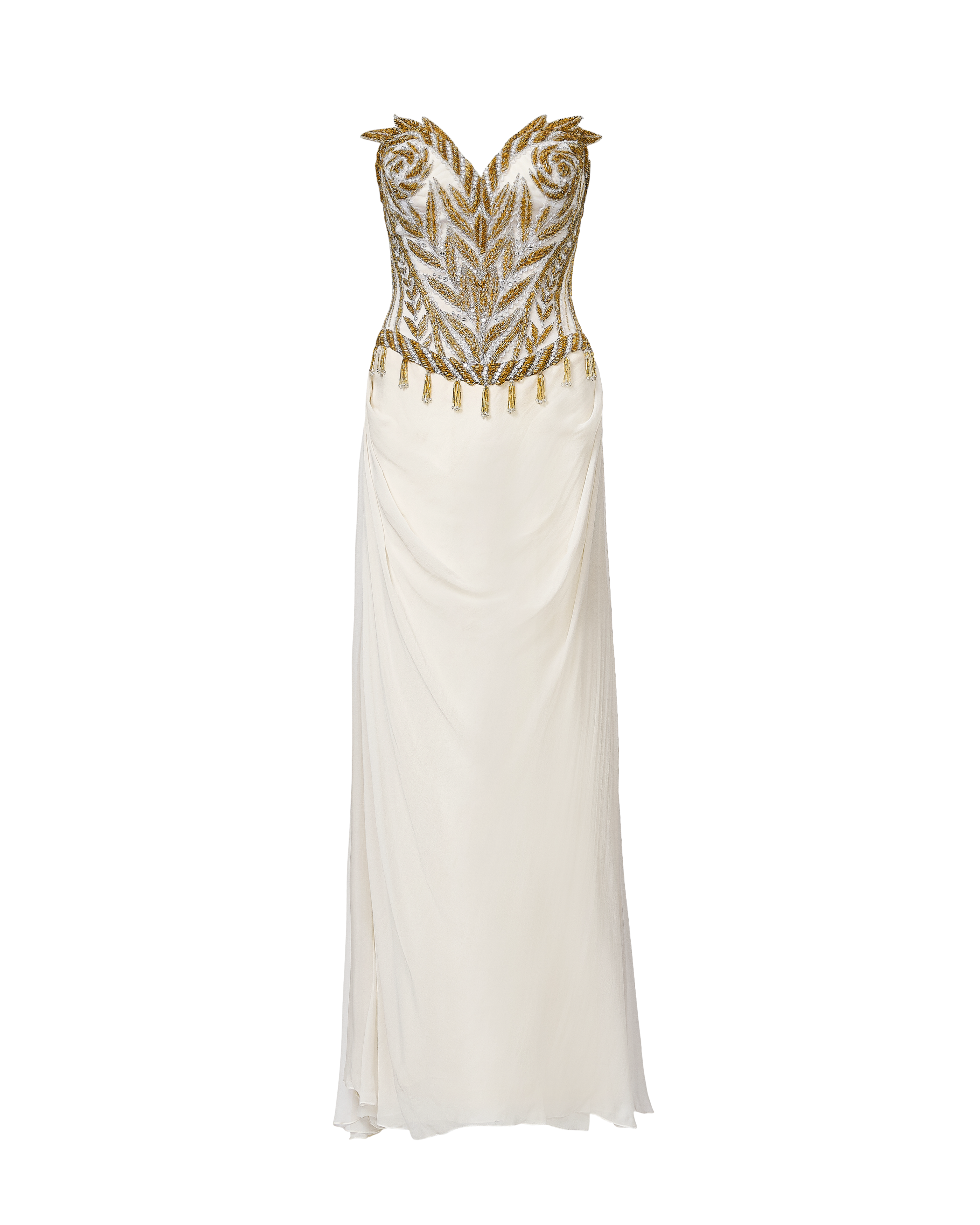 c. 1990 Ivory and Gold Beaded Embellished Strapless Bustier Gown
