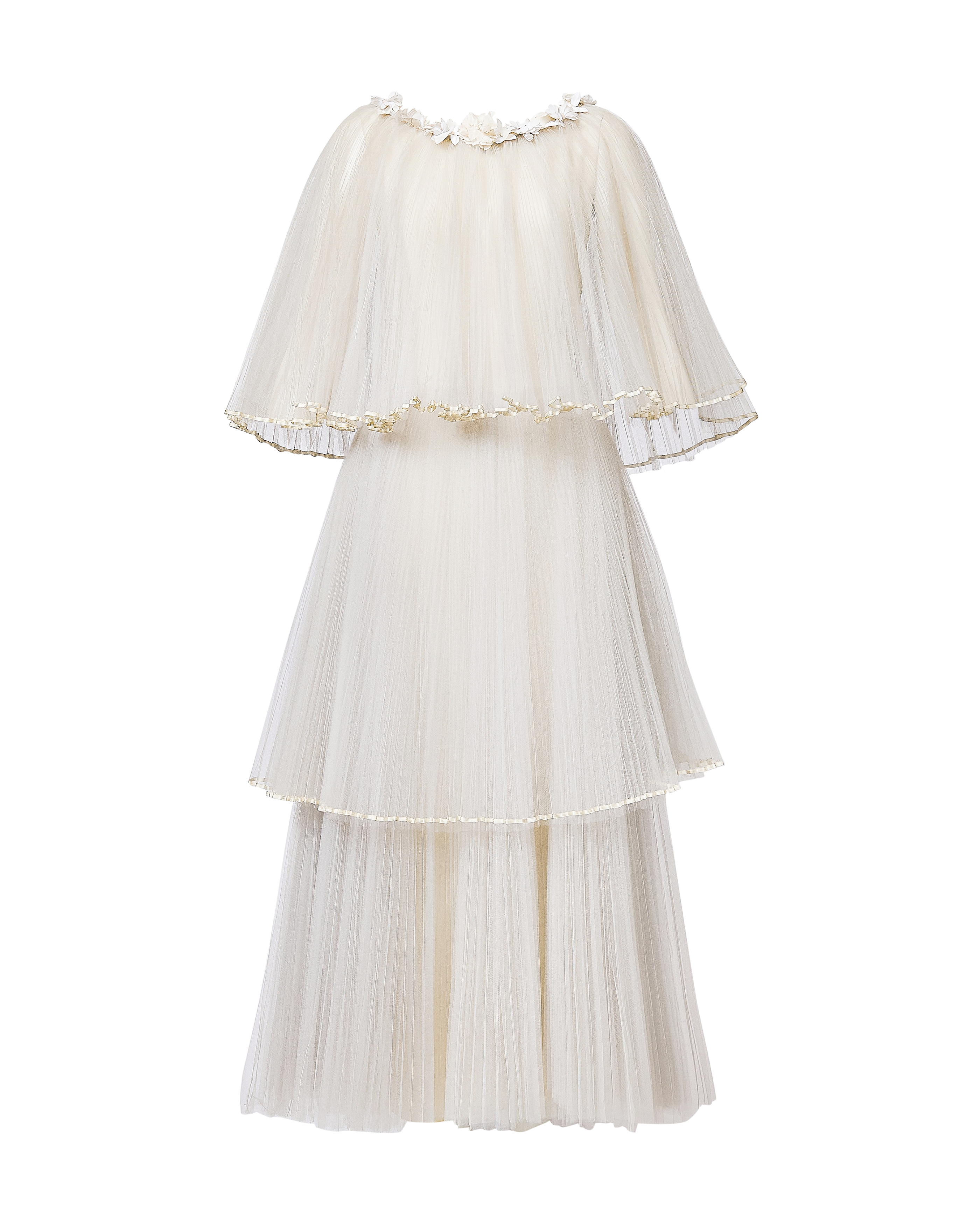 1978 Light Gray Tiered Pleated Tulle Gown