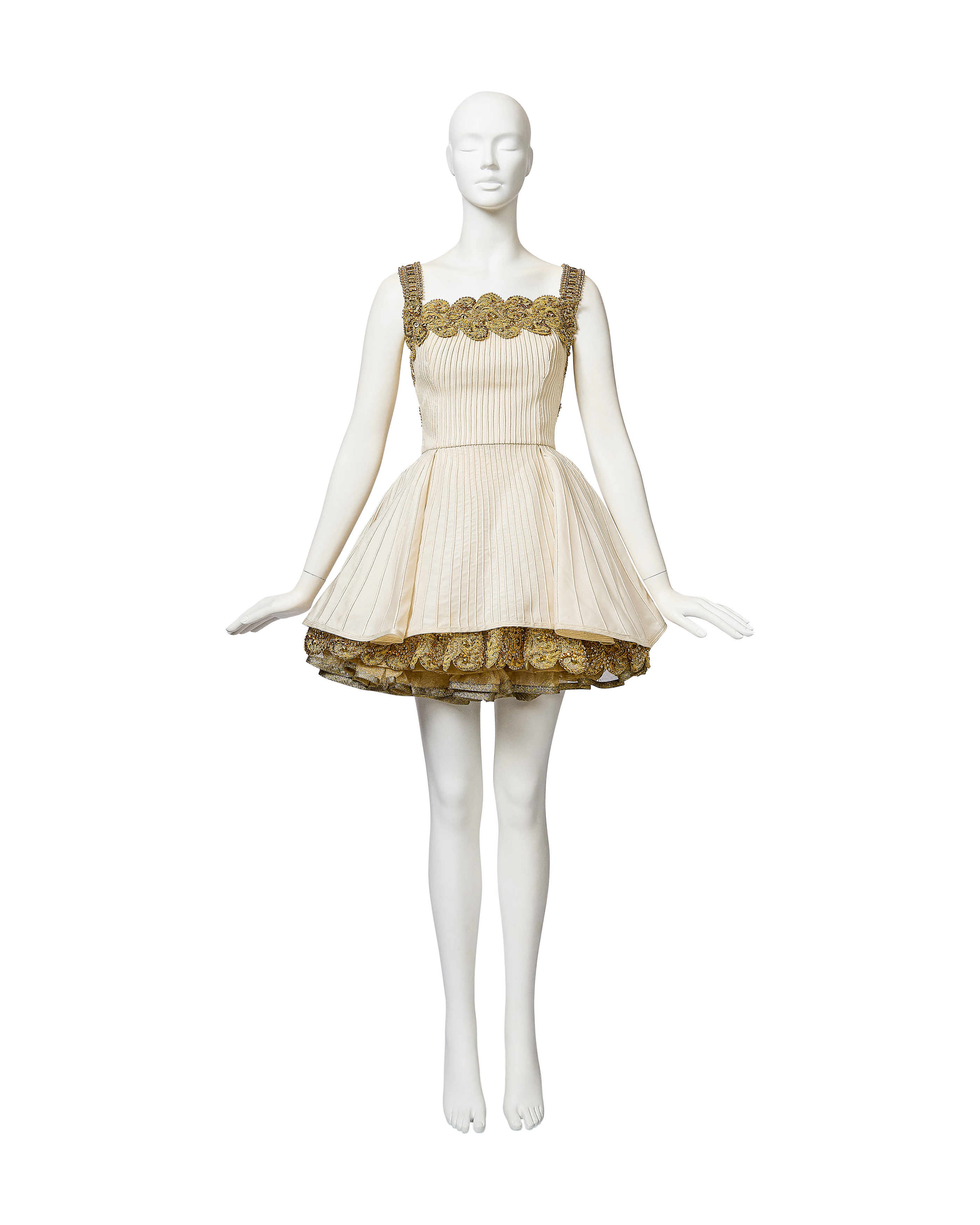 S/S 1992 Ivory and Metallic Gold Embellished Mini Dress and Gold Under