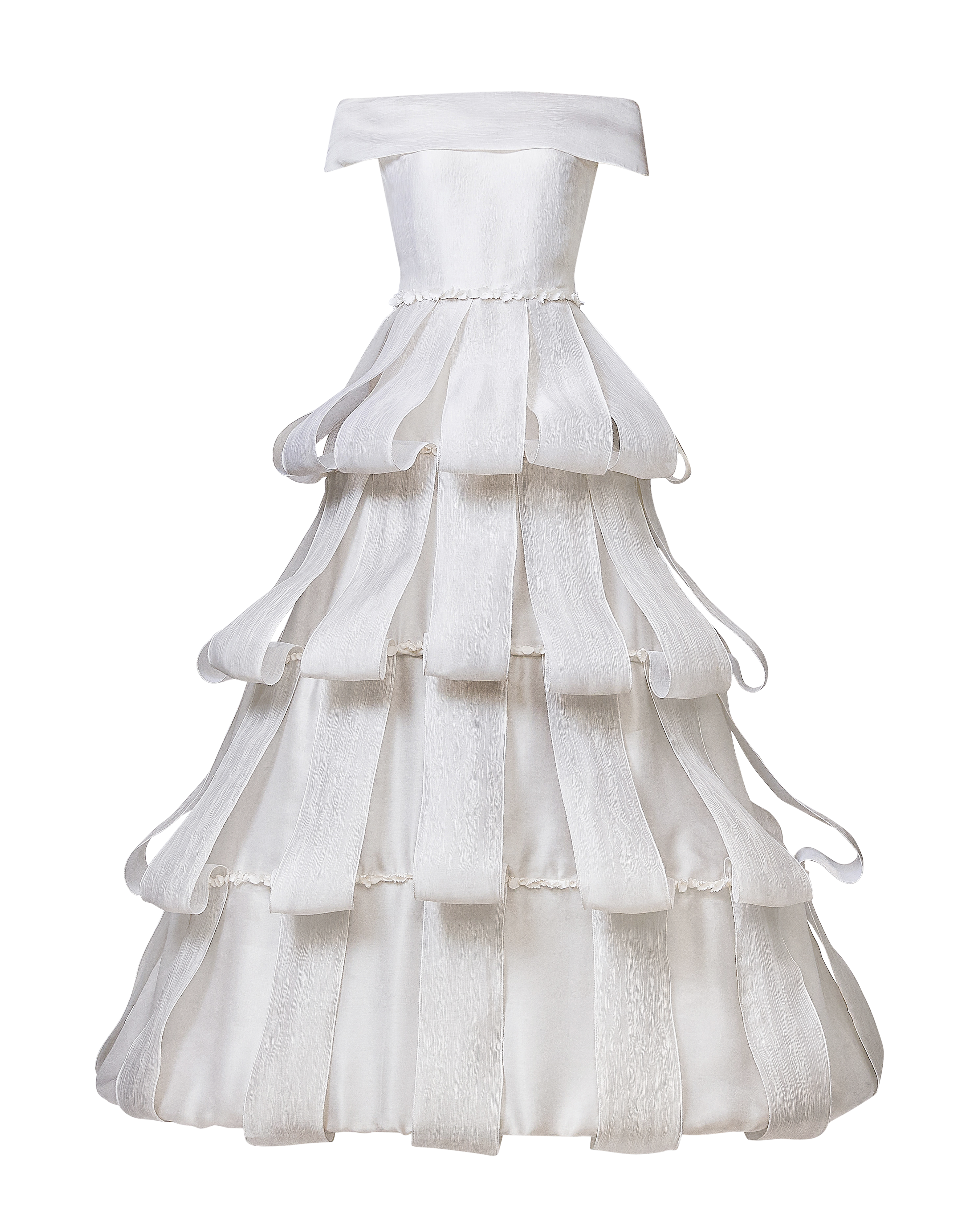 S/S 2000 Light Gray Sculptural Organza Tiered Off-Shoulder Hoop Gown