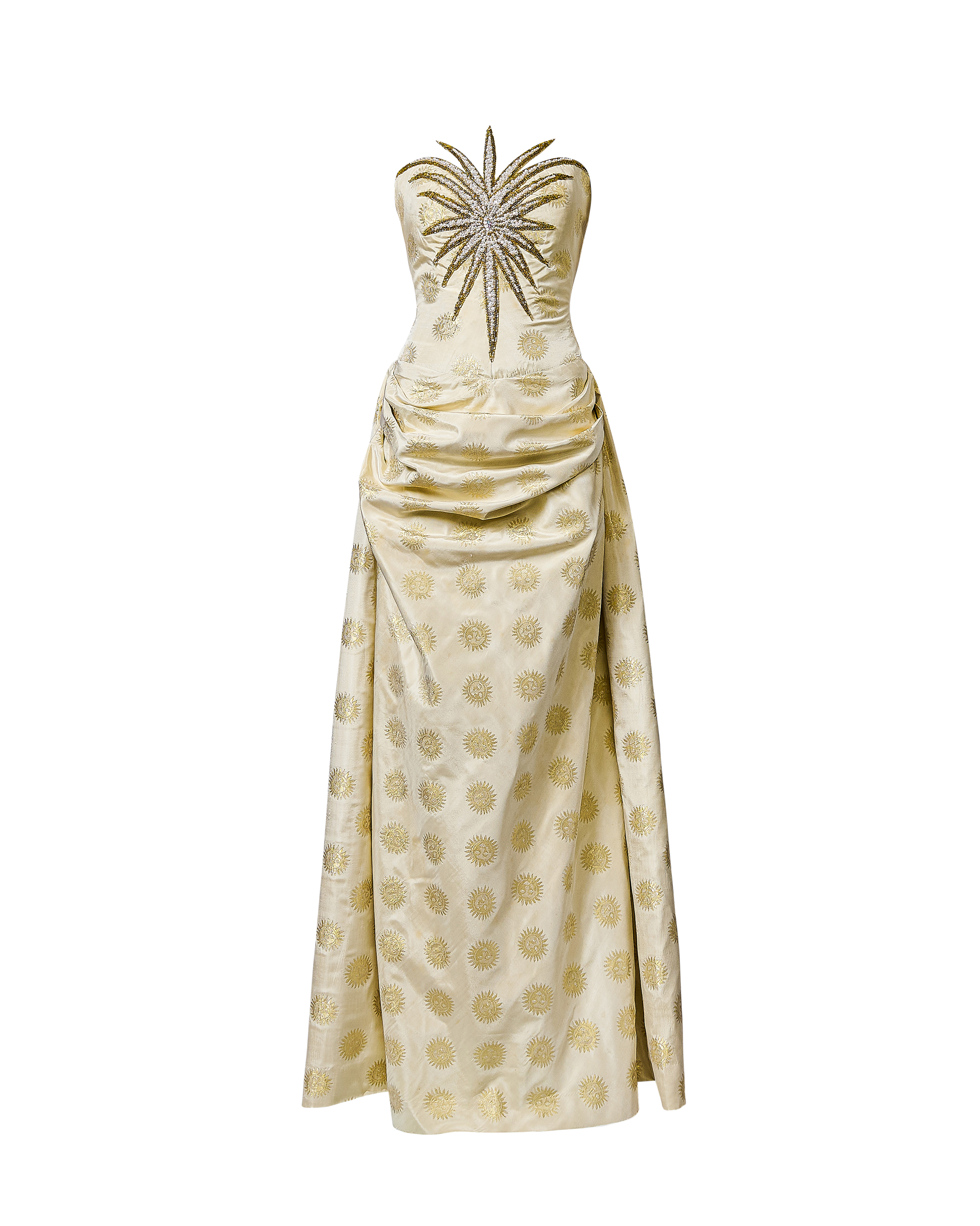 1970's Strapless Beaded Gown with Lamé Sun Pattern