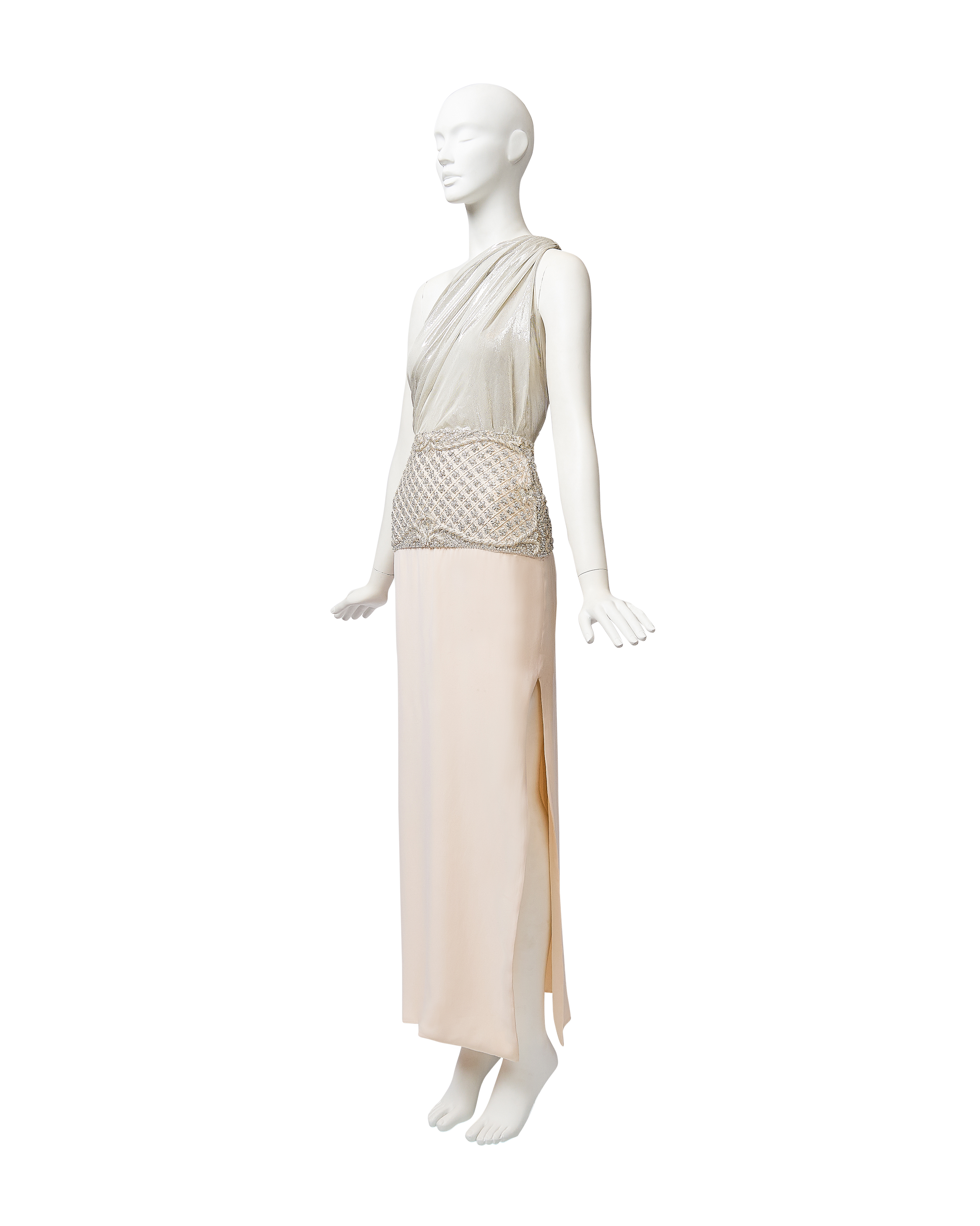 1970's One-Shoulder Silver and Ivory Beaded Waist Gown