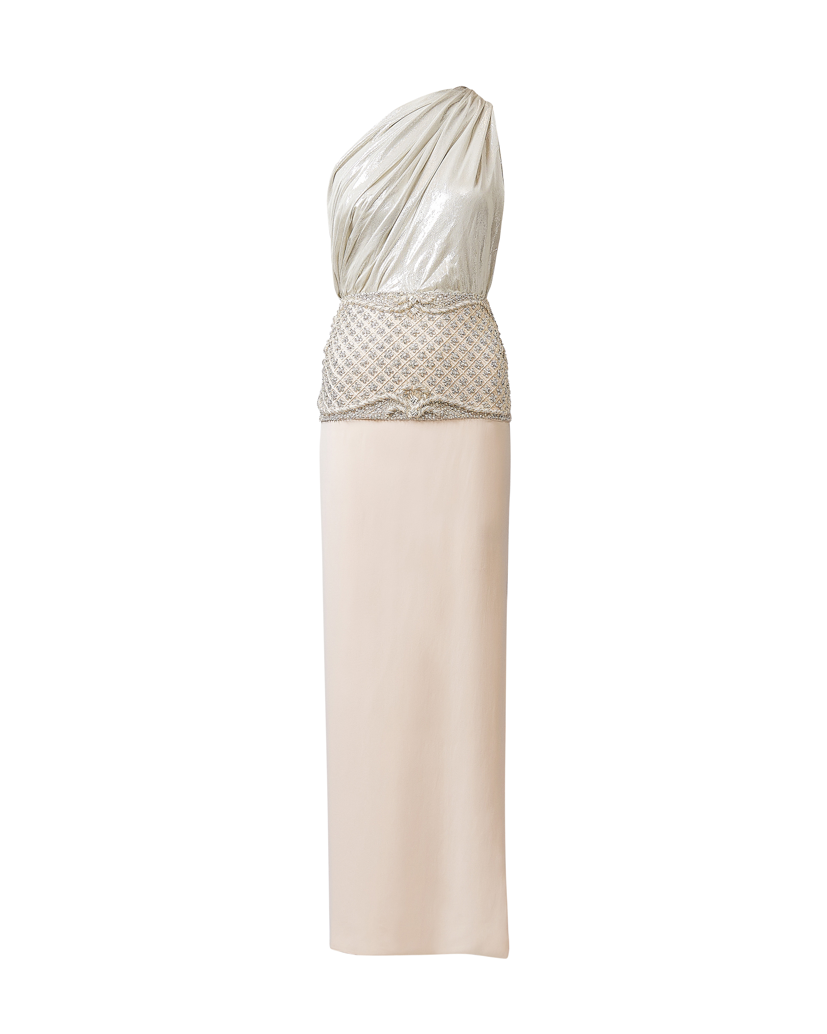1970's One-Shoulder Silver and Ivory Beaded Waist Gown