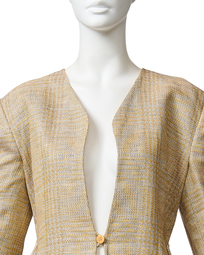 1990's Tan Plaid Linen Blazer with Tie Waist Closure