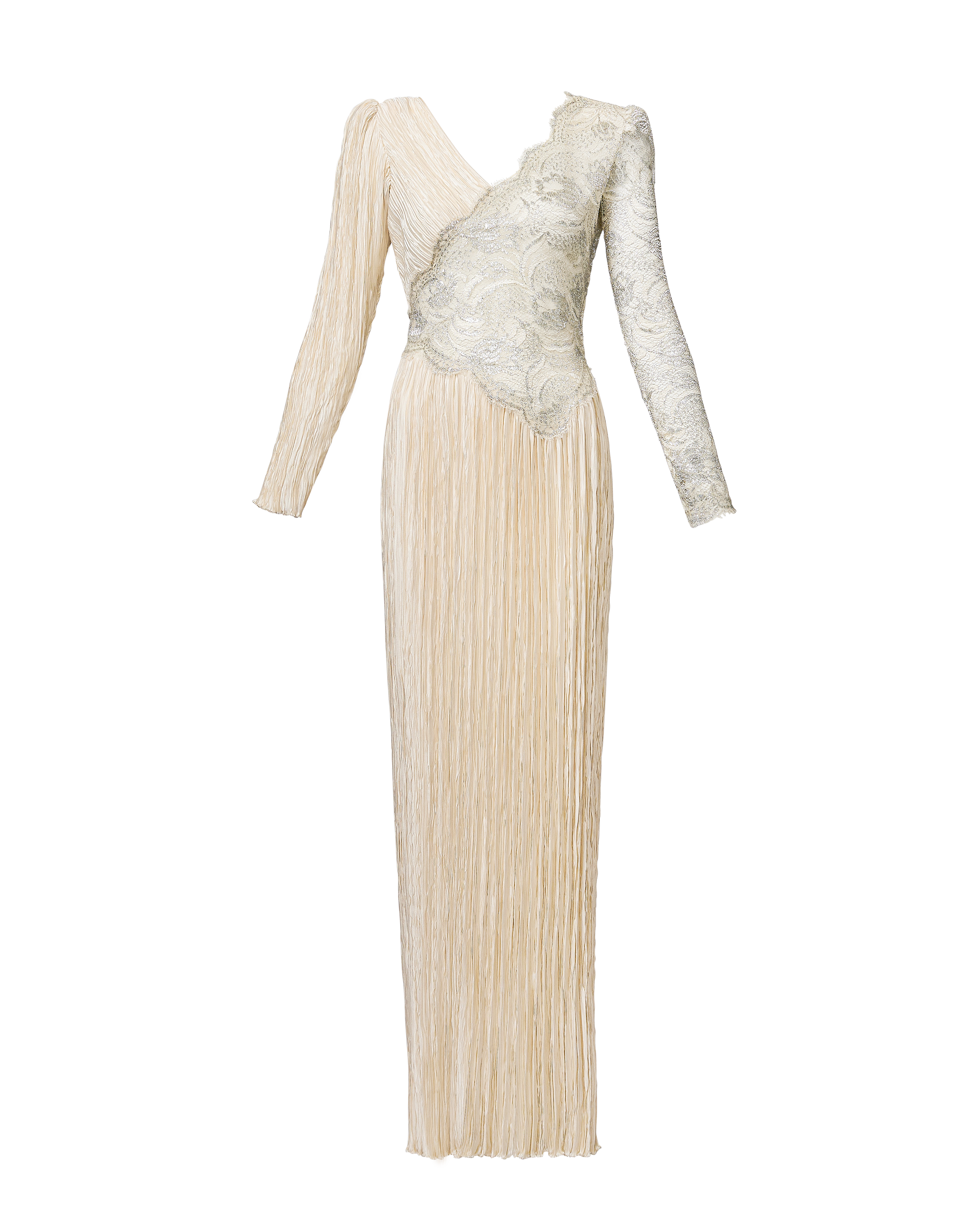 c. 1981 Ivory Pleated Gown with Asymmetrical Silver Lace Paneling