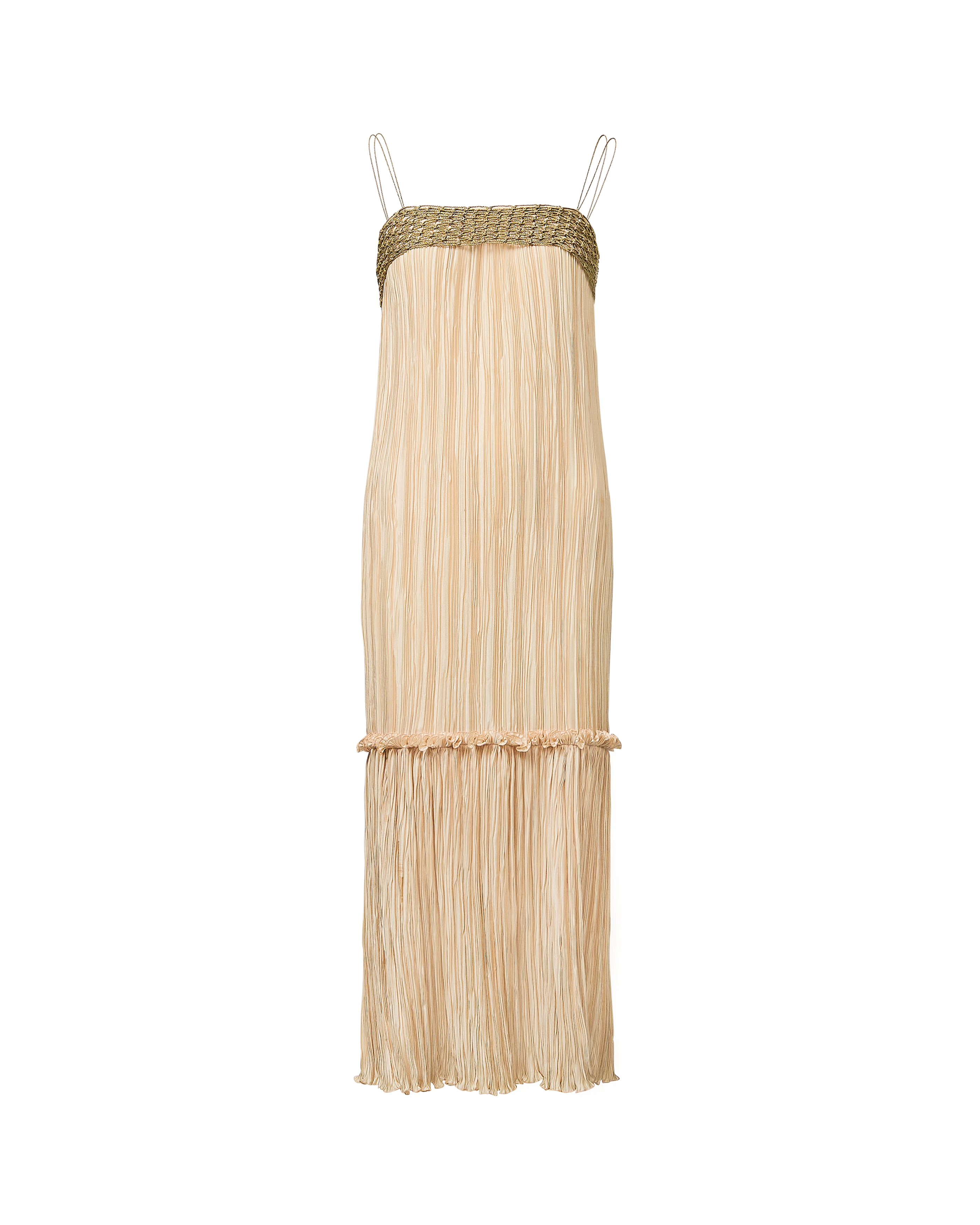 c. 1978 Warm Ecru Sleeveless Pleated Midi Dress with Net Bust Detail