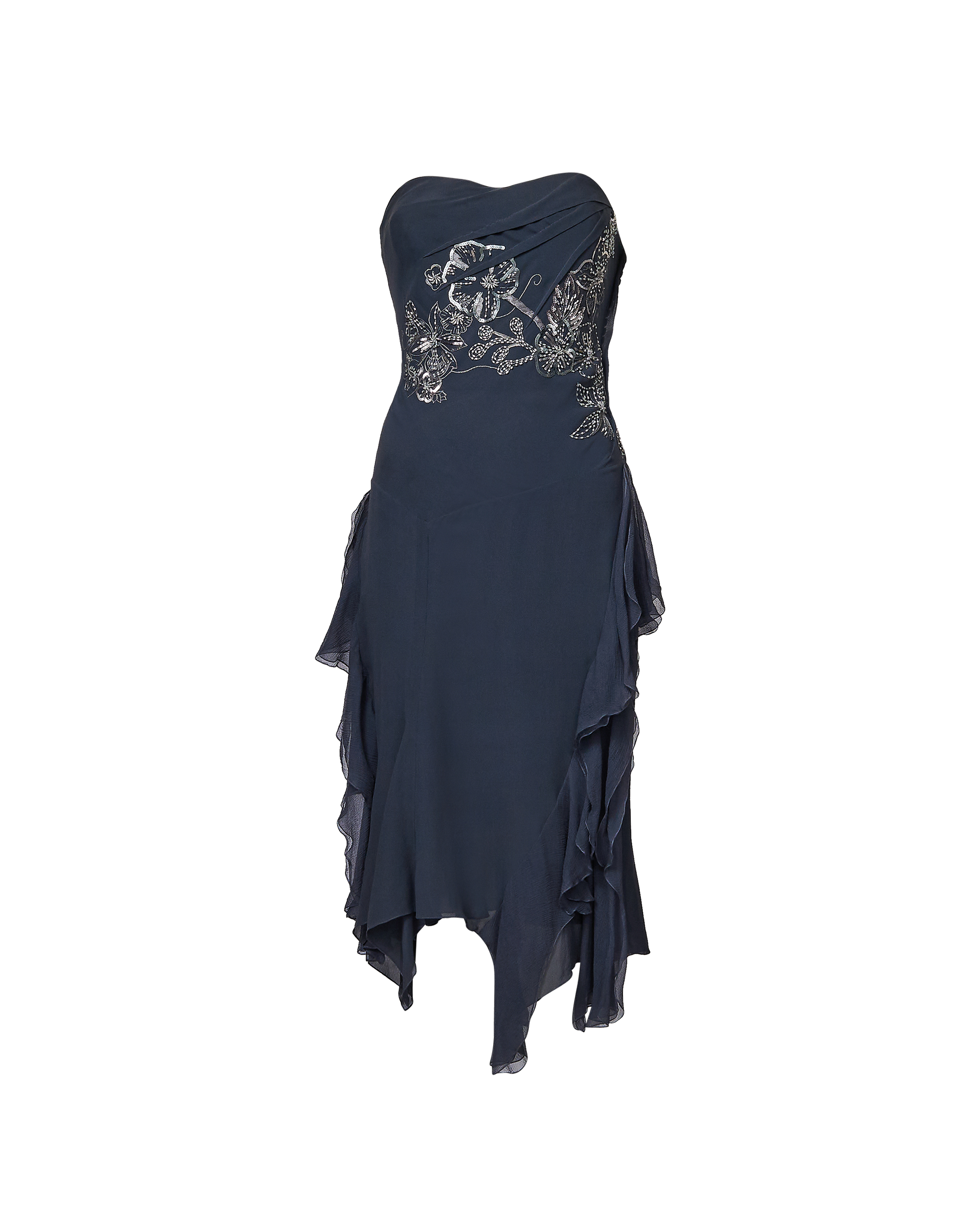 A/W 2006 Dark Blue Strapless Dress with Silver Floral Bead Embellished Bust