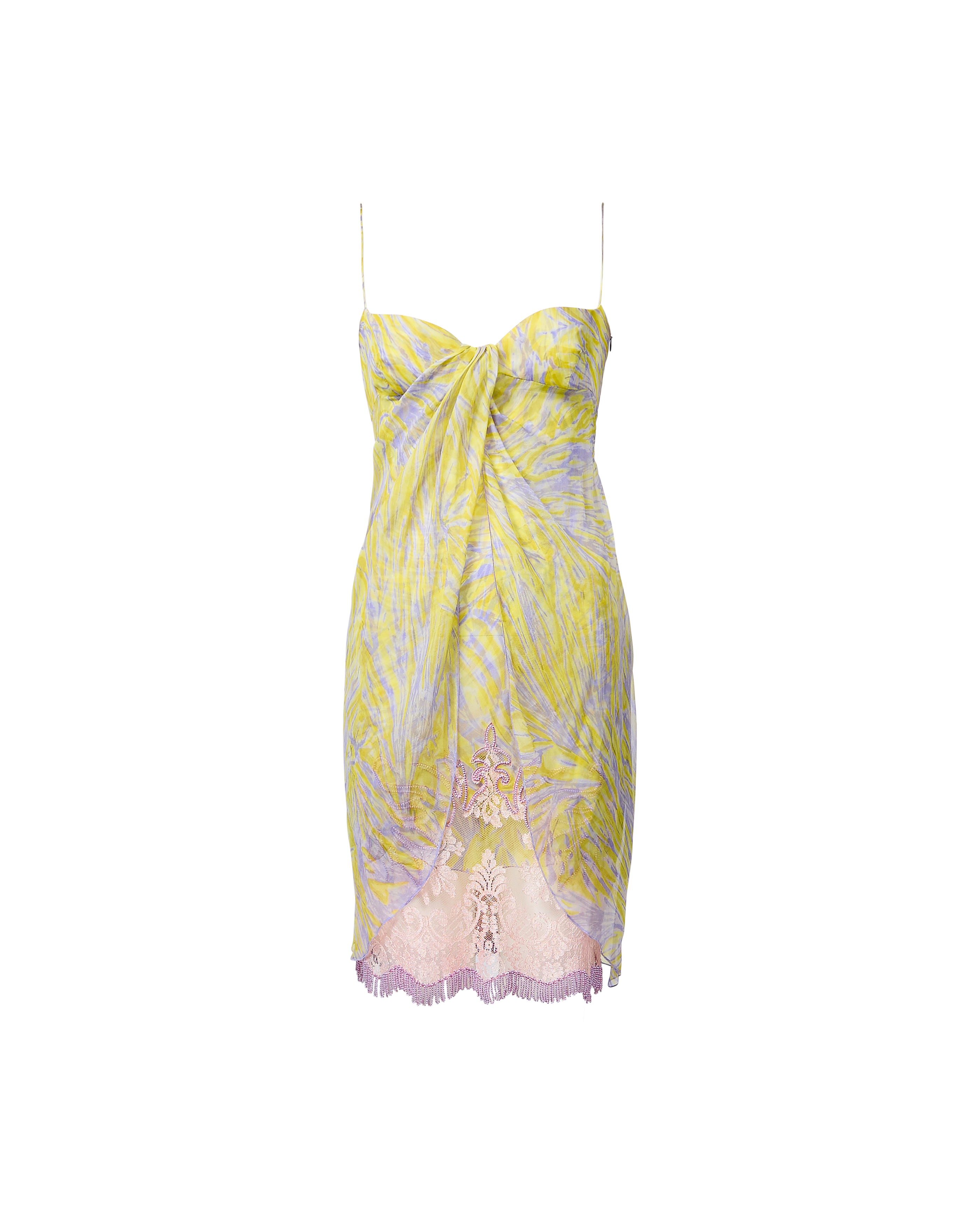 lucy in the sky yellow dress S/S 1998 Sleeveless Patterned Dress with Purple Beaded Fringe and Lace