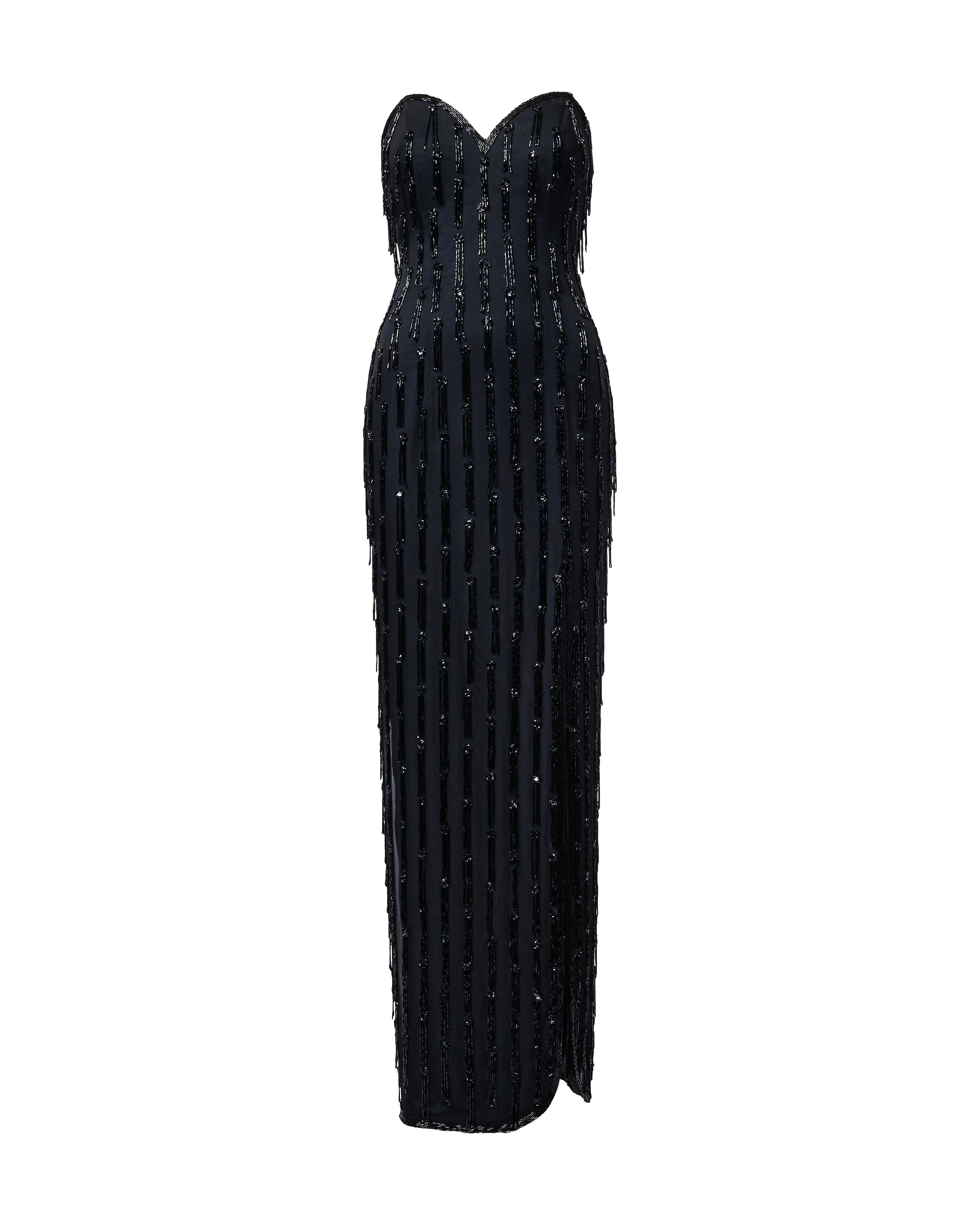 1980's Strapless Corset Gown with Black Beaded Fringe Embellishments