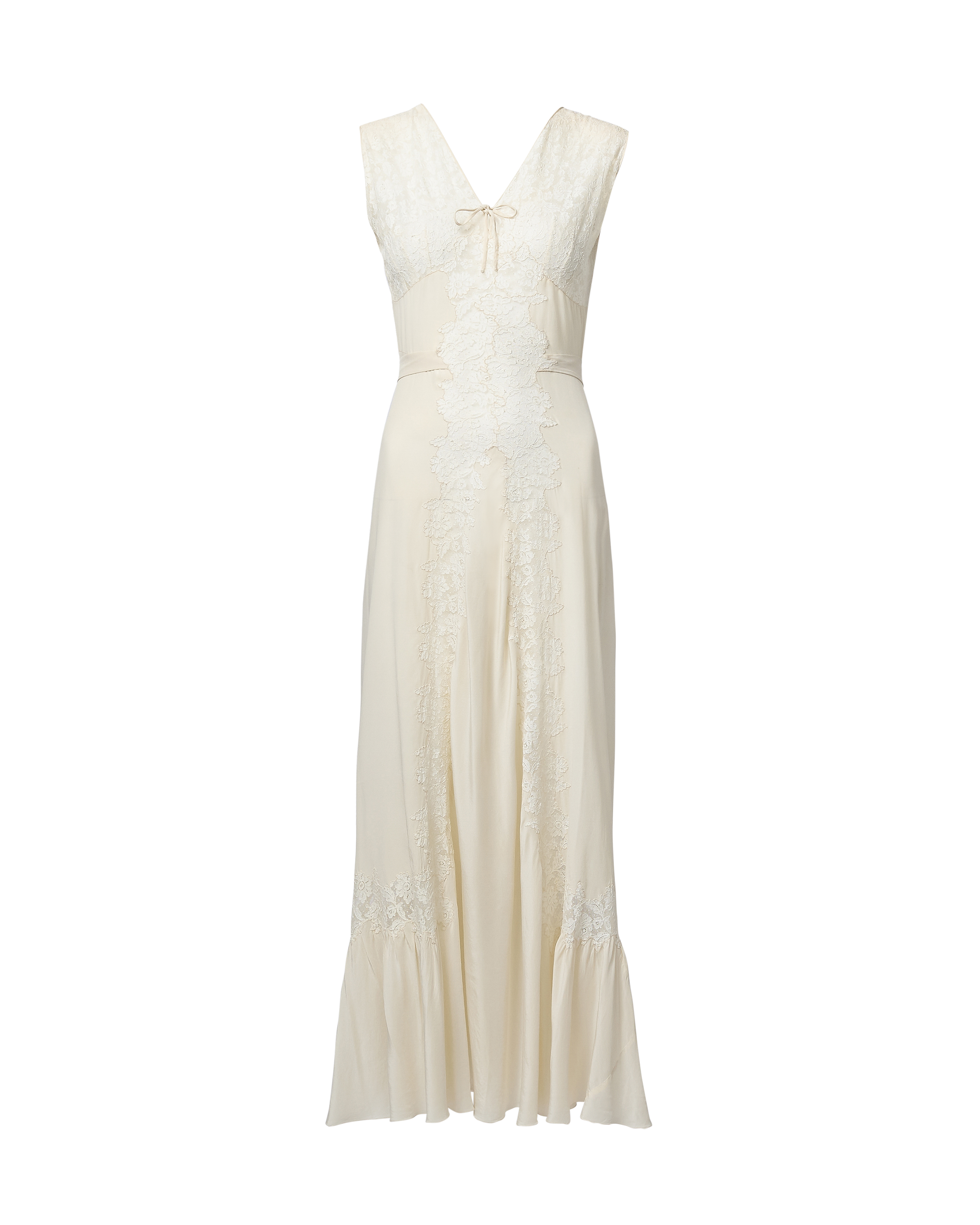 1920's Ivory Handmade Silk Crepe Lace Trim Tea Length Dress with Full Skirt