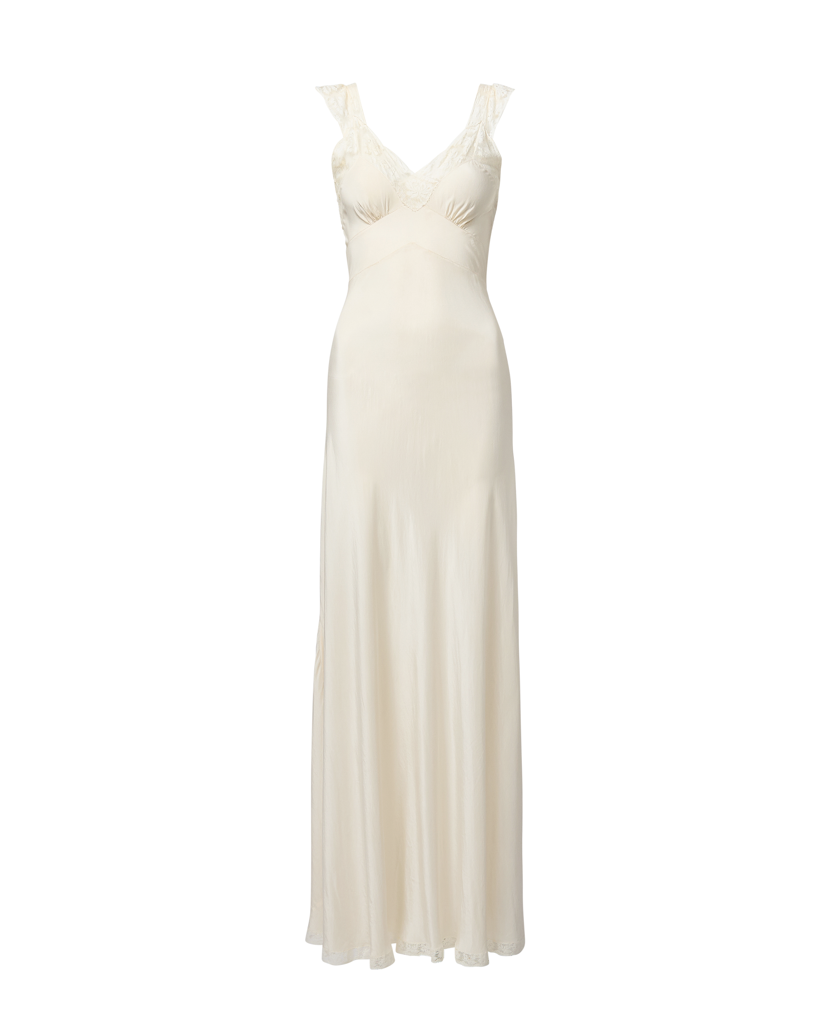 1930's Silk Crepe Ivory Lace Ruffle Strap Gown