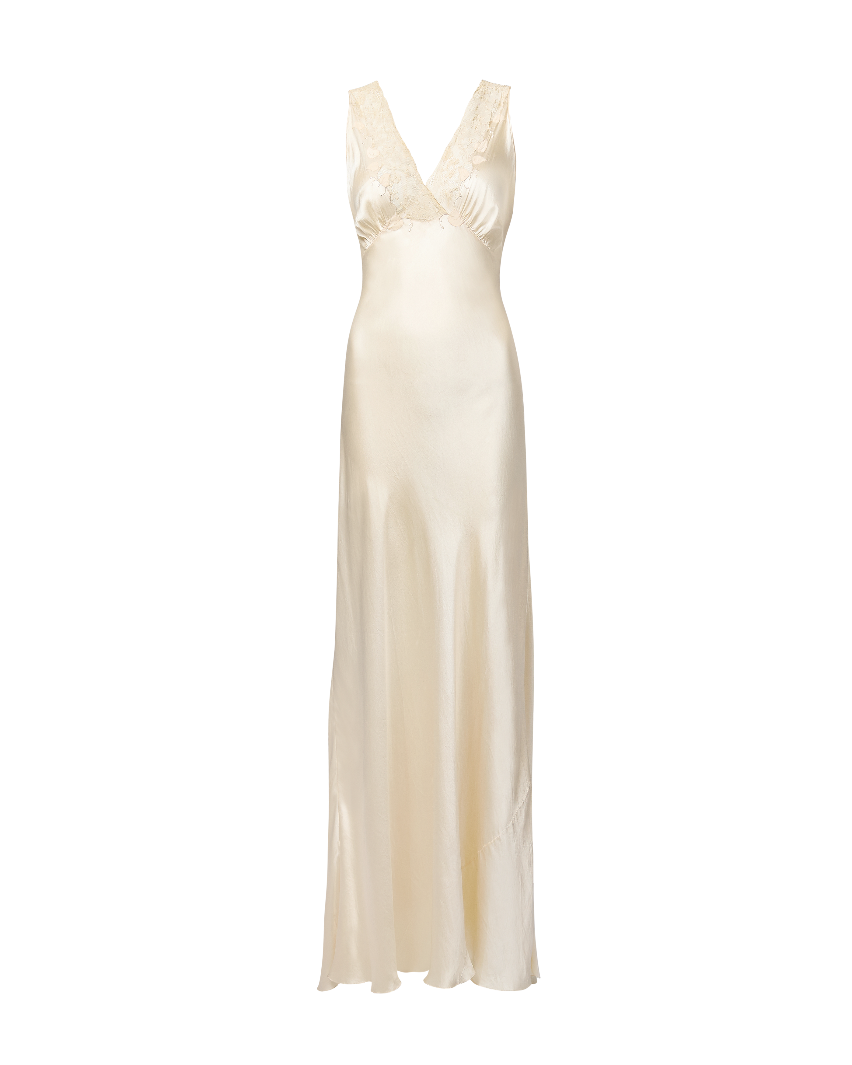 1930's Silk Handmade Gown with Lace Leaf Pattern Bust Detail
