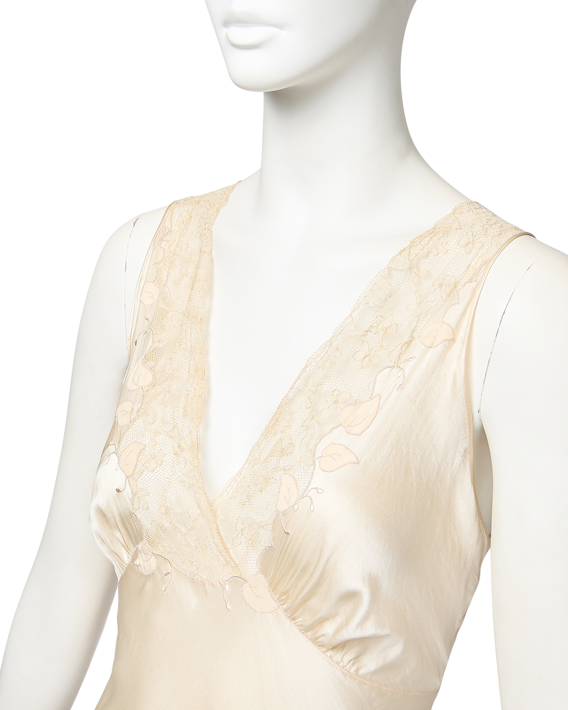 1930's Silk Handmade Gown with Lace Leaf Pattern Bust Detail