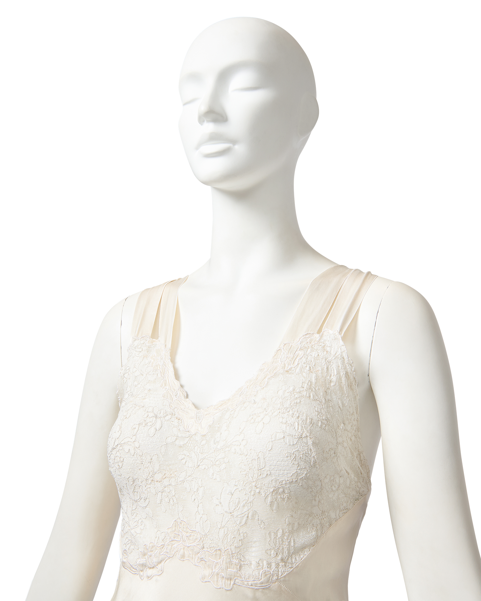 1930's Double-Loop Strap Ecru Gown with Semi-Sheer Lace Bust