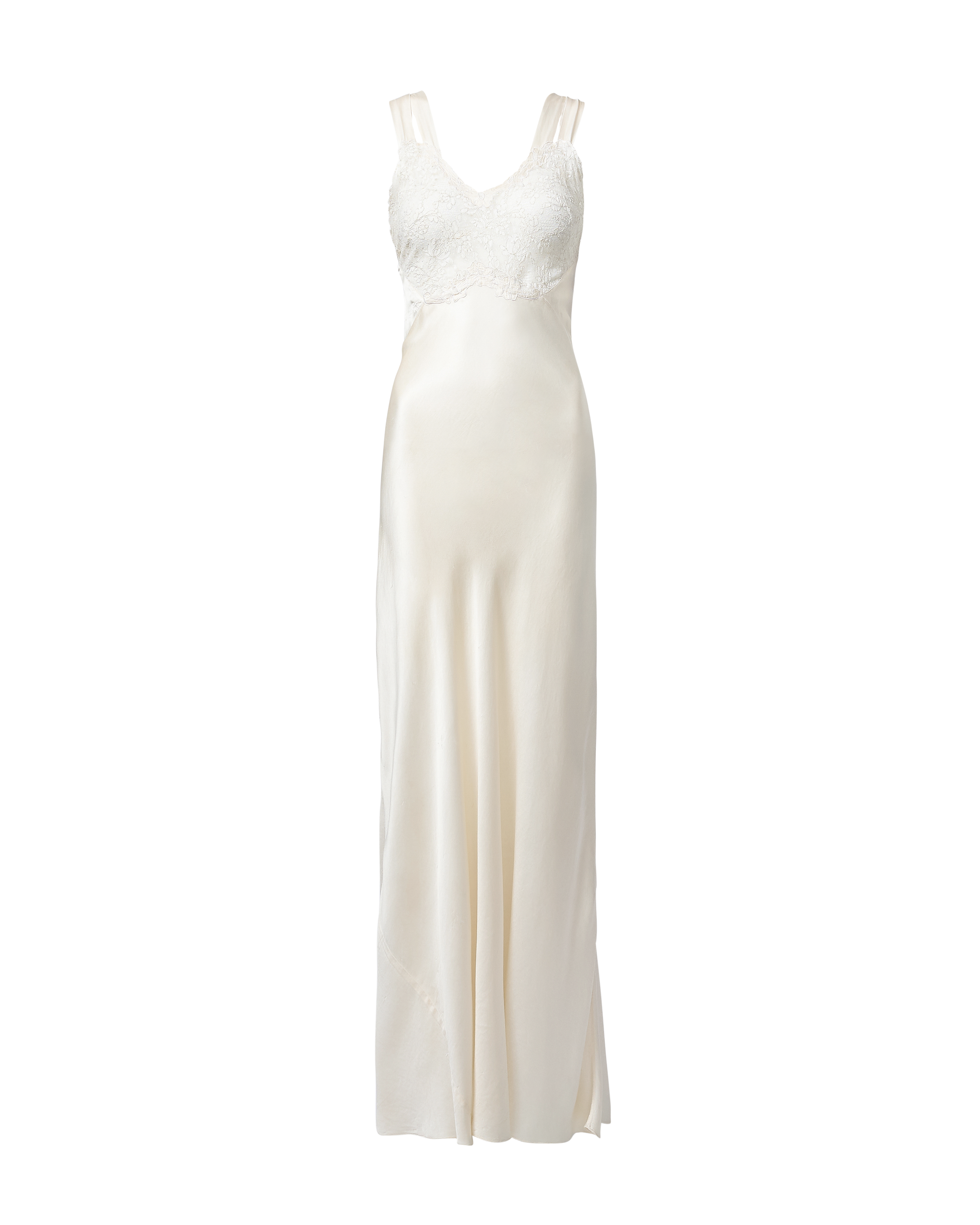 1930's Double-Loop Strap Ecru Gown with Semi-Sheer Lace Bust