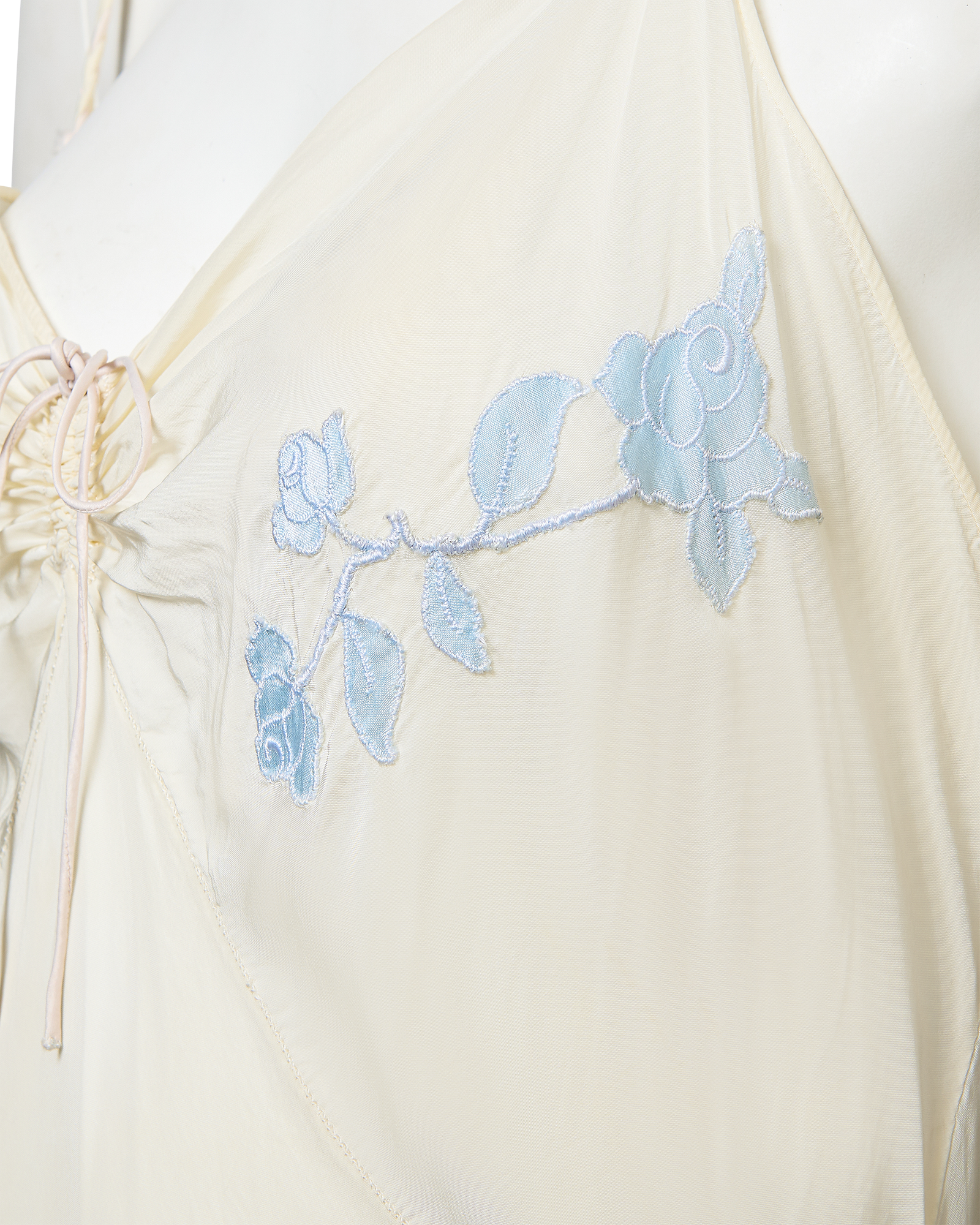 1940's Handmade Slip Dress with Blue Rose Embroidery at Bust