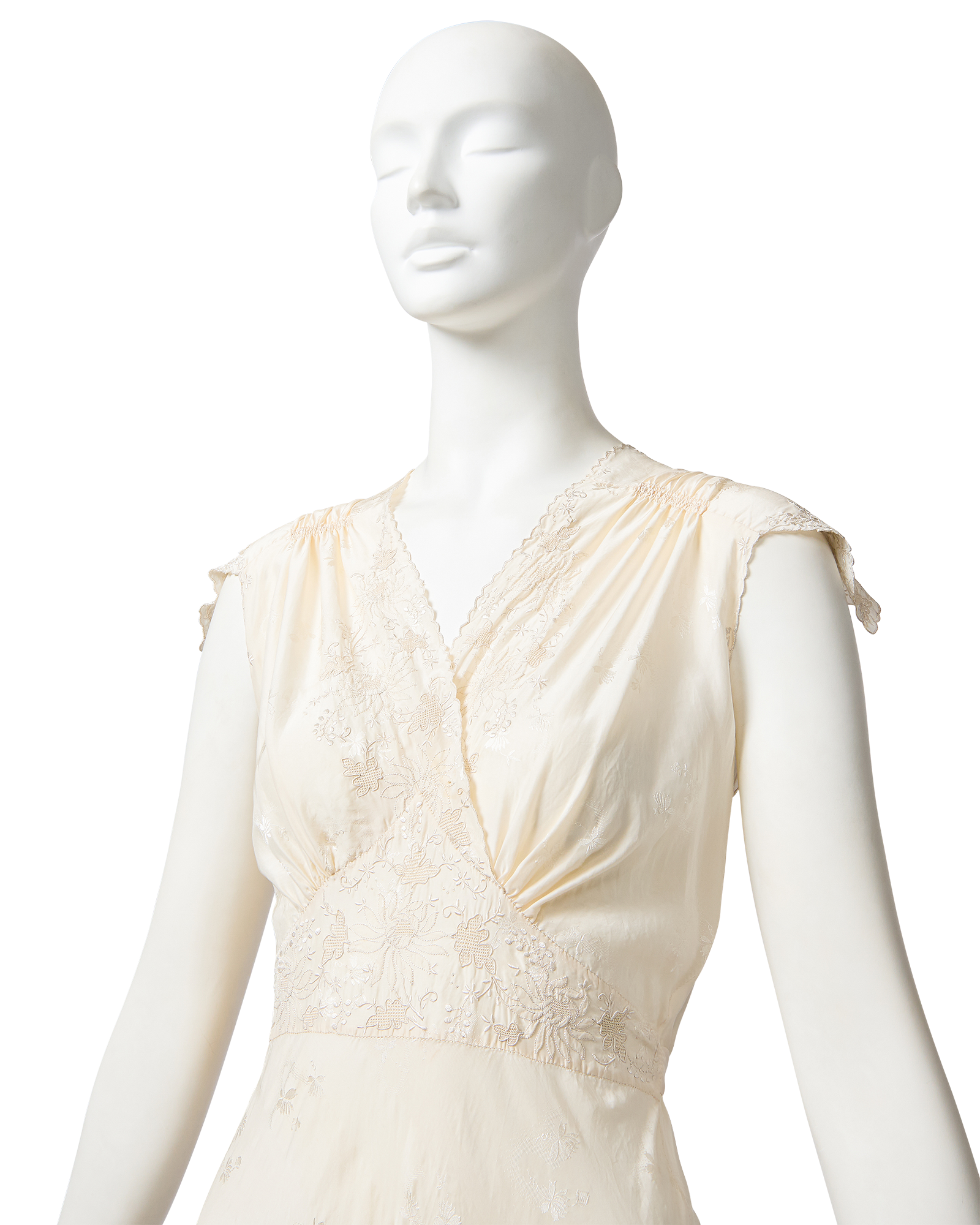 1930's Ivory Jacquard Floral Pattern Cap Sleeve Gown